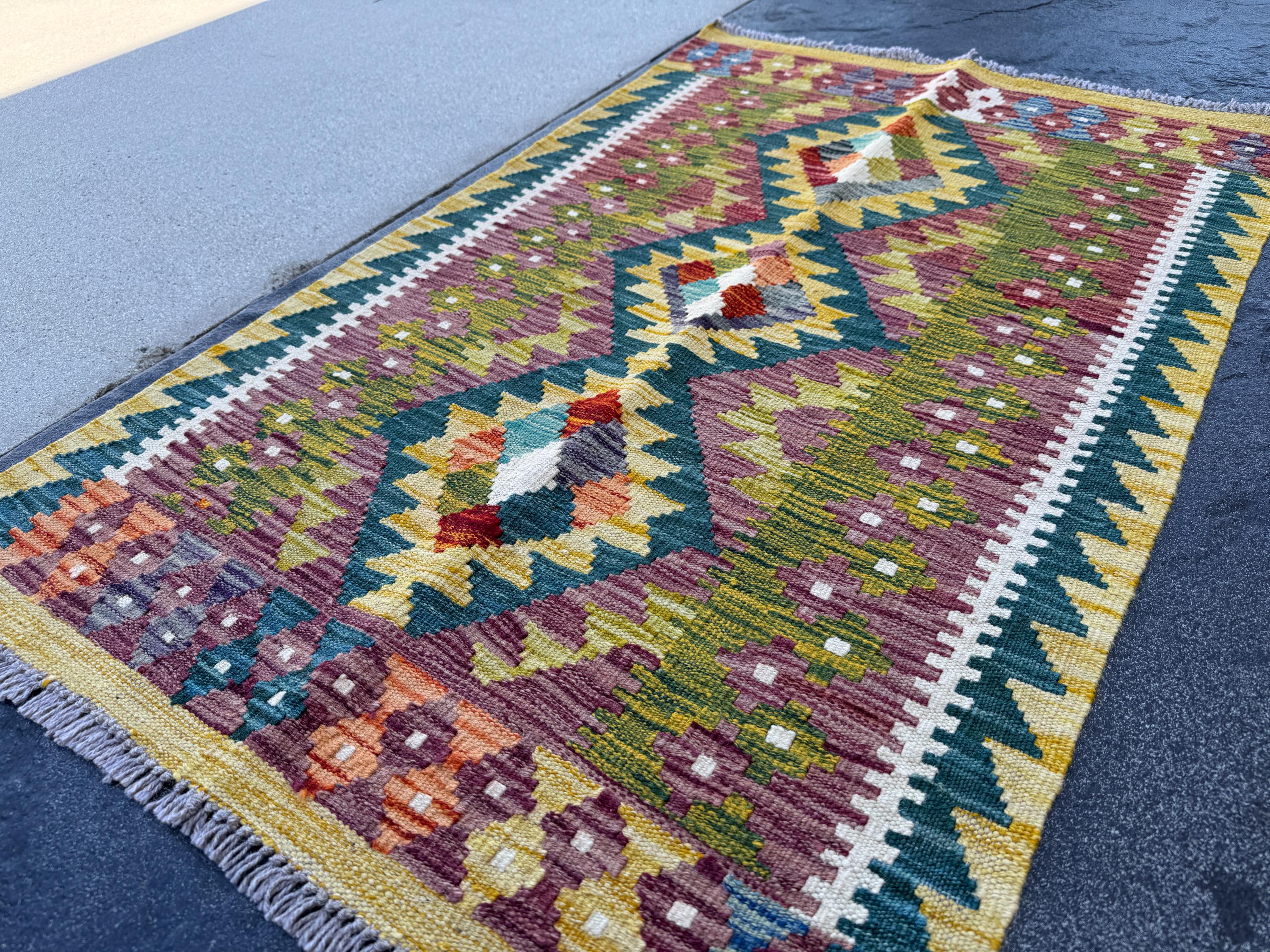 3x4 Handmade Afghan Kilim Rug | Maroon Purple Forest Olive Green Mustard Yellow Ceam White Burnt Orange Charcoal Grey Blood Red | Flatwoven