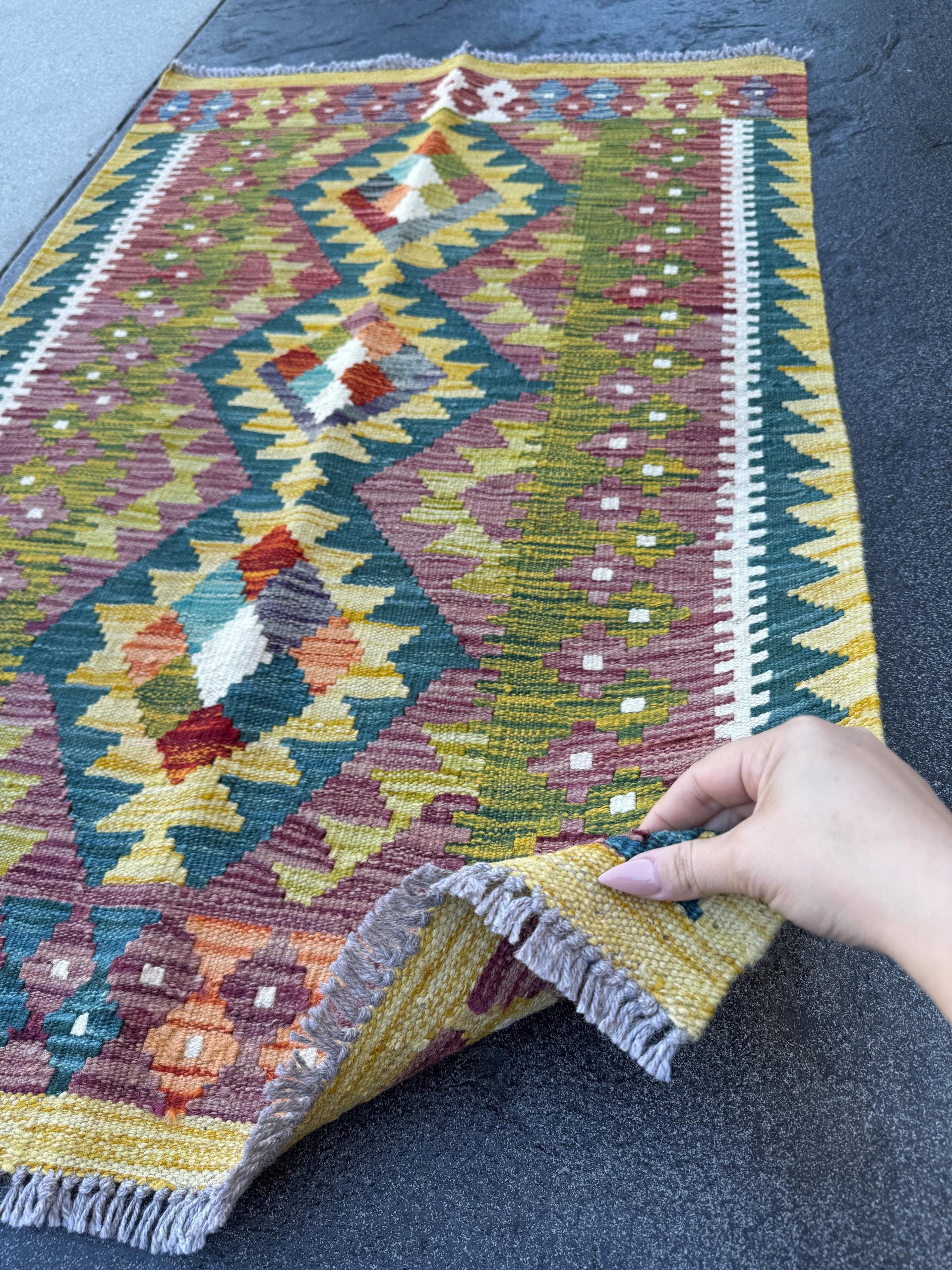 3x4 Handmade Afghan Kilim Rug | Maroon Purple Forest Olive Green Mustard Yellow Ceam White Burnt Orange Charcoal Grey Blood Red | Flatwoven