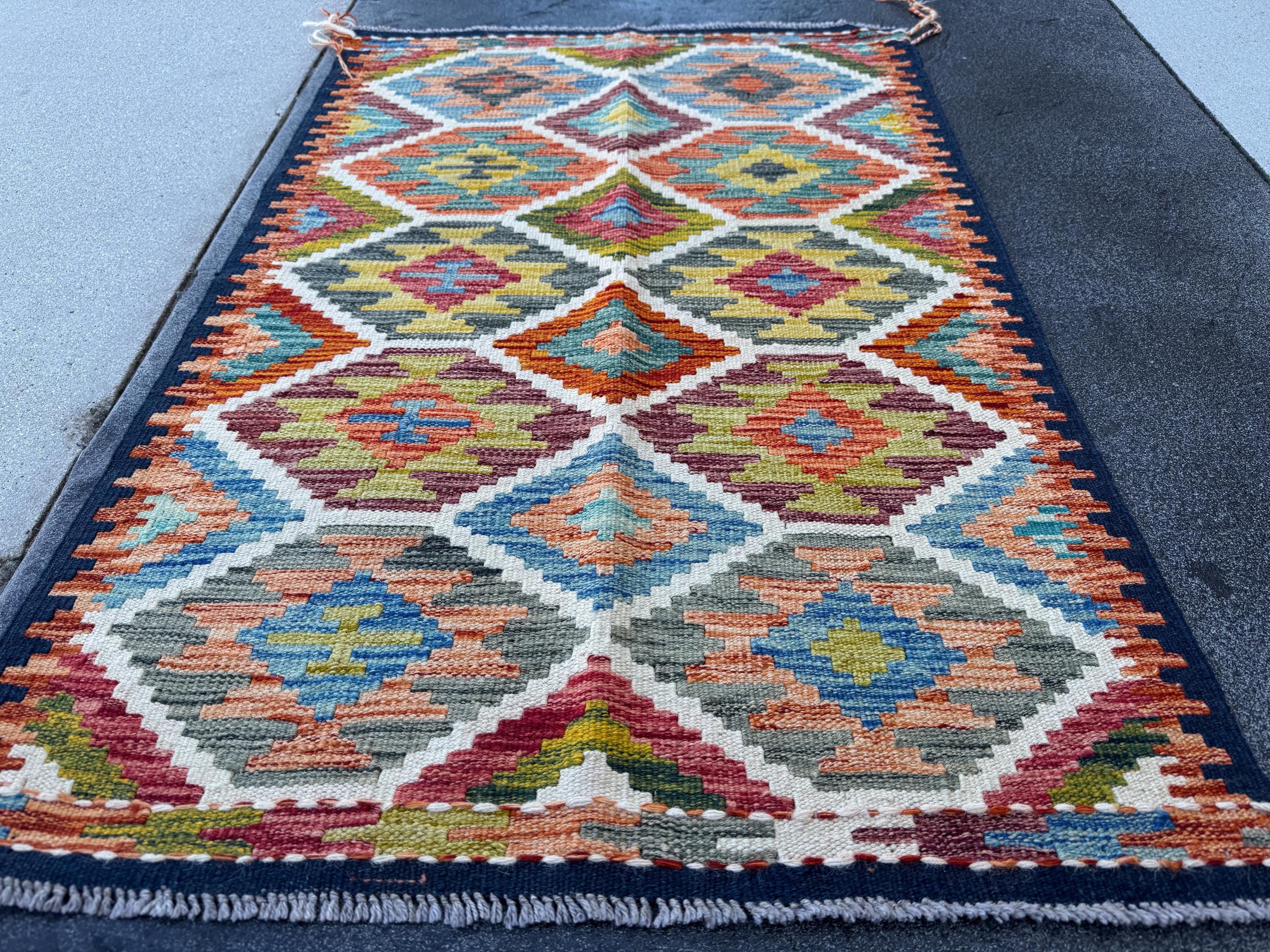 3x4 Handmade Afghan Kilim Rug | Cream White Burnt Orange Charcoal Grey Denim Blue Olive Green Maroon Purple Rust Red | Wool Flatwoven