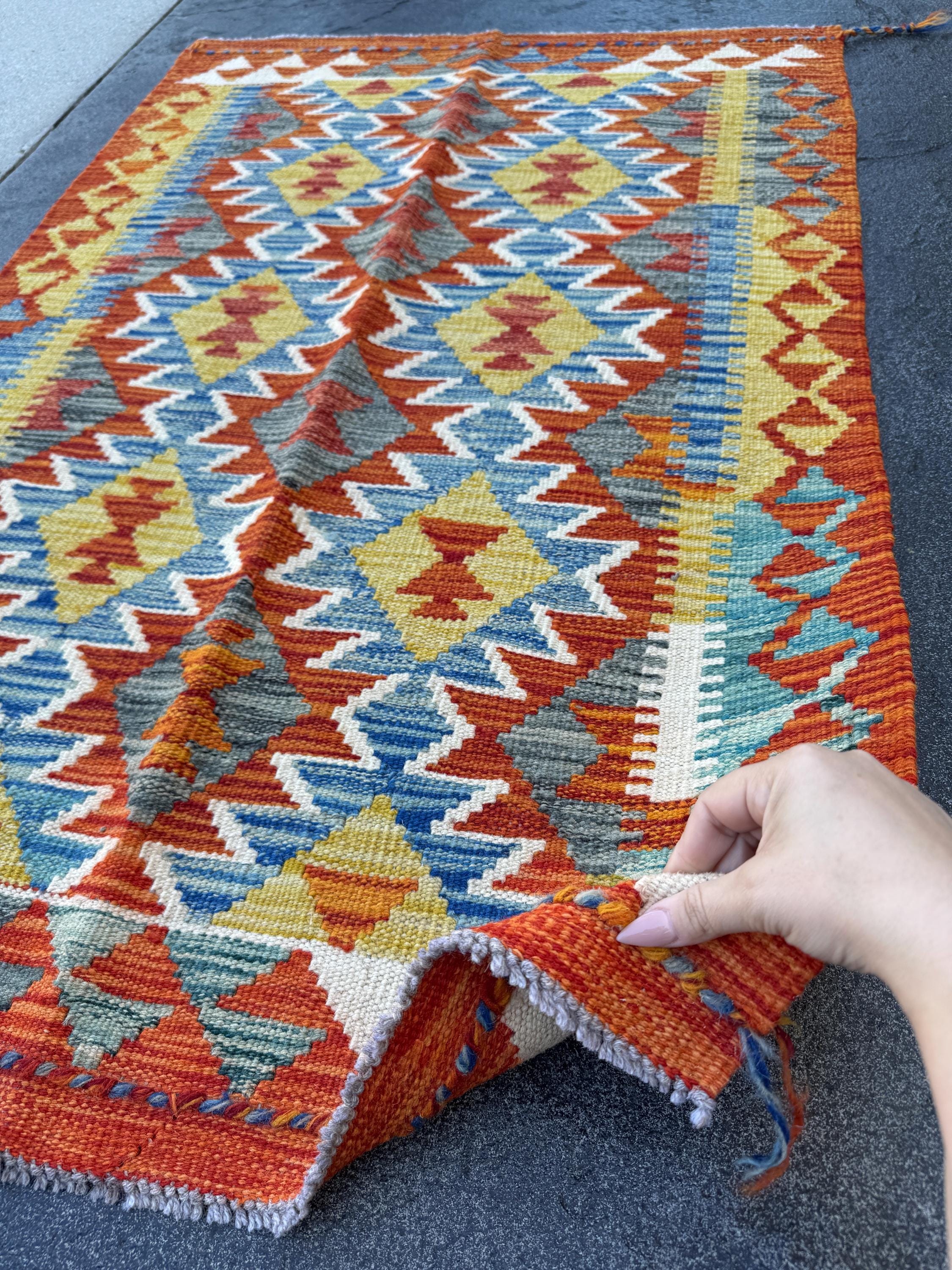 3x4 Handmade Afghan Kilim Rug | Burnt Rust Orange Denim Blue Mustard Yellow Charcoal Grey Olive Green Cream White | Wool Flatwoven