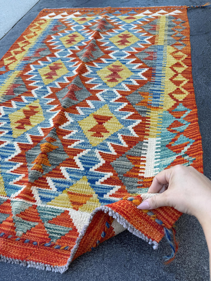 3x4 Handmade Afghan Kilim Rug | Burnt Rust Orange Denim Blue Mustard Yellow Charcoal Grey Olive Green Cream White | Wool Flatwoven