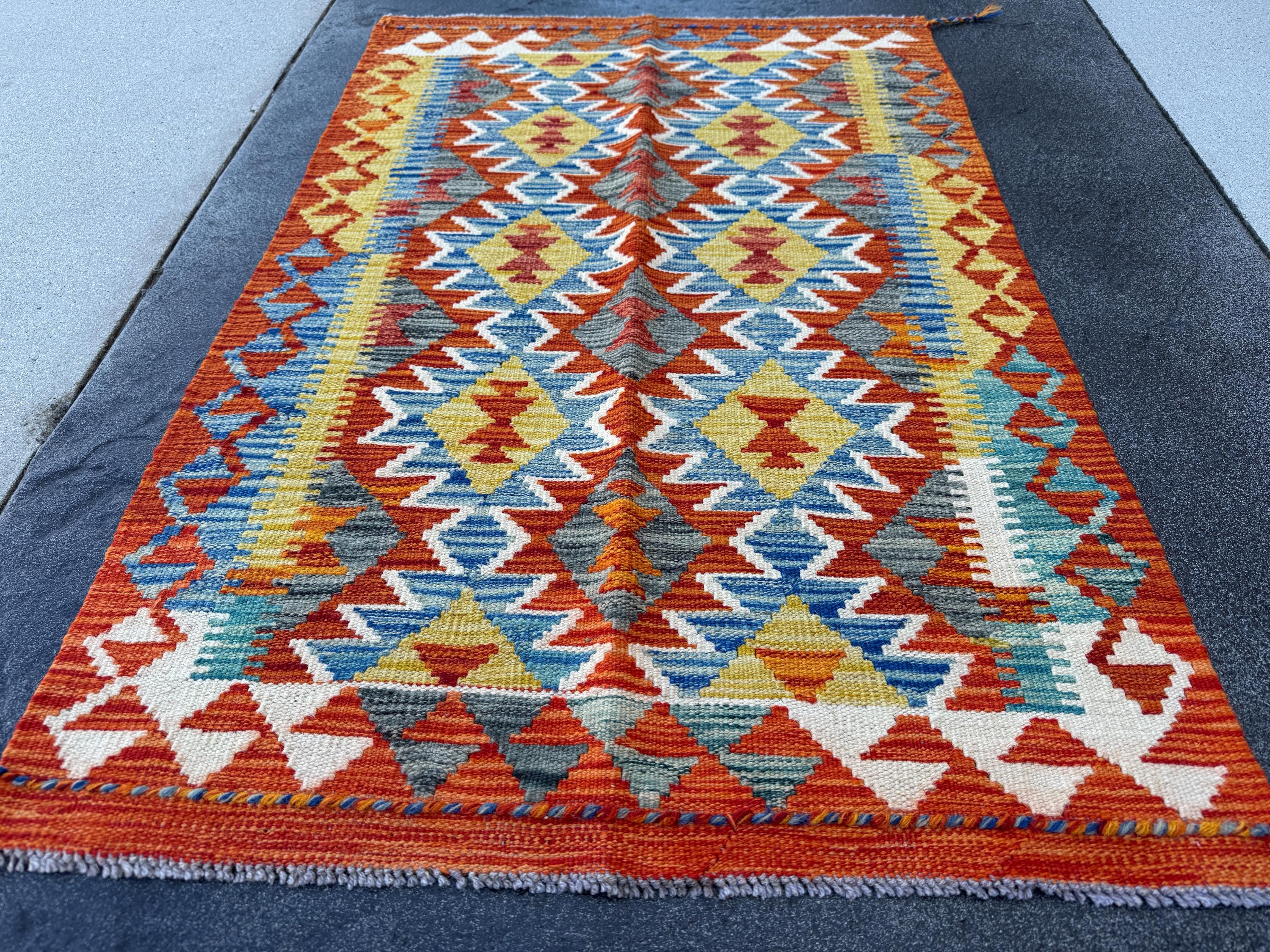 3x4 Handmade Afghan Kilim Rug | Burnt Rust Orange Denim Blue Mustard Yellow Charcoal Grey Olive Green Cream White | Wool Flatwoven