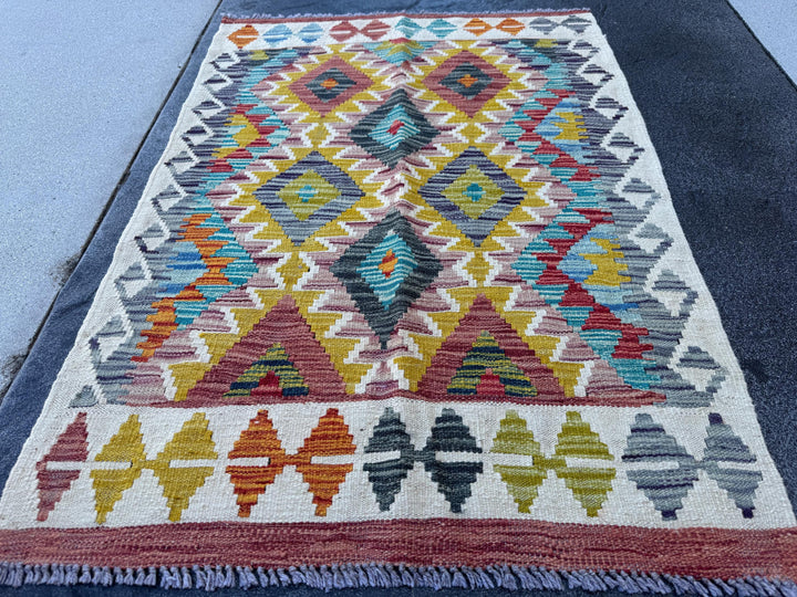 3x4 Handmade Afghan Kilim Rug | Cream White Lilac Purple Charcoal Grey Aqua Teal Burnt Orange Olive Green Mustard Yellow | Wool Flatwoven