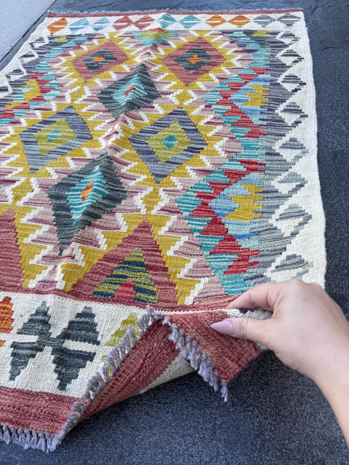 3x4 Handmade Afghan Kilim Rug | Cream White Lilac Purple Charcoal Grey Aqua Teal Burnt Orange Olive Green Mustard Yellow | Wool Flatwoven