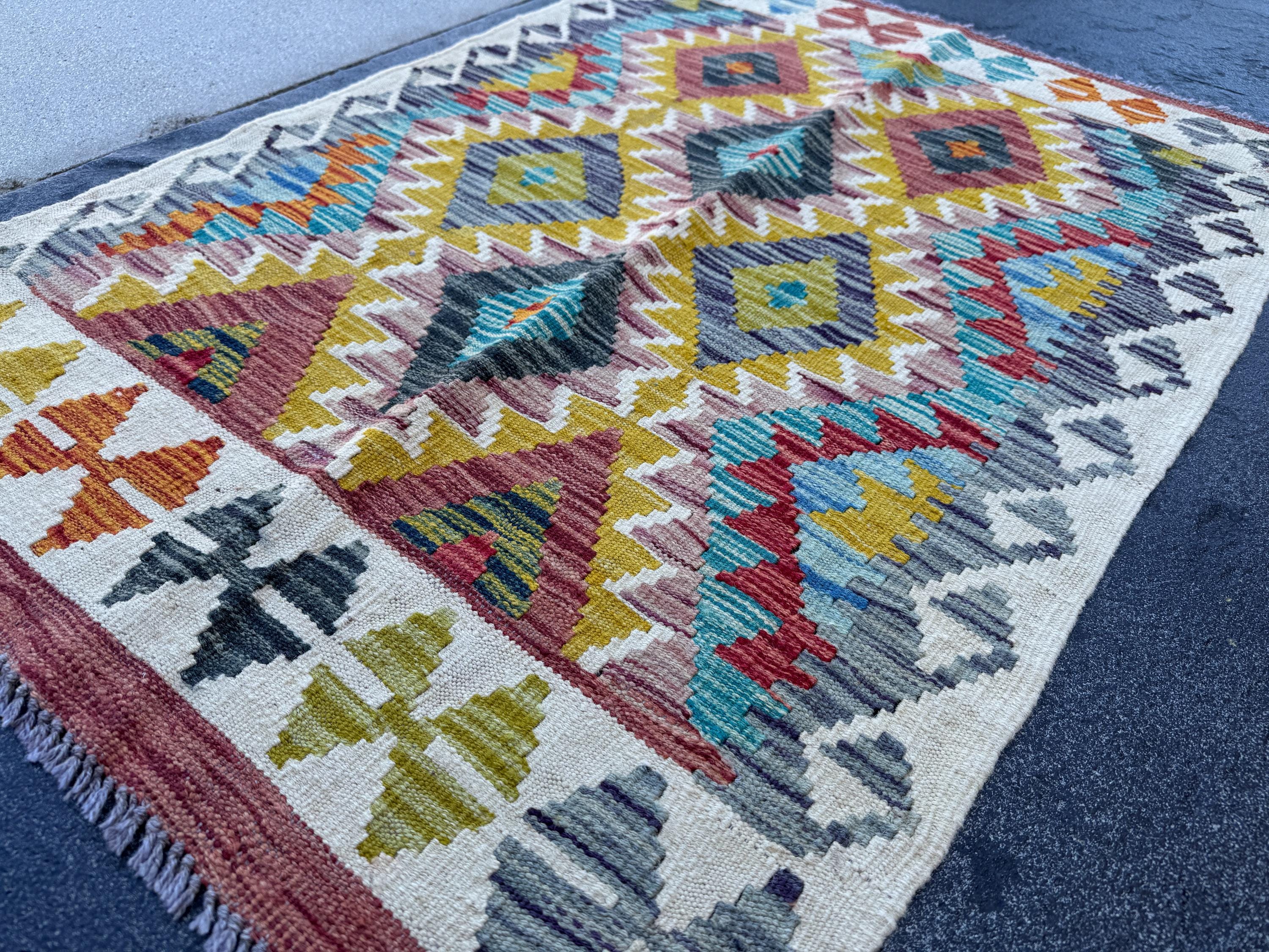 3x4 Handmade Afghan Kilim Rug | Cream White Lilac Purple Charcoal Grey Aqua Teal Burnt Orange Olive Green Mustard Yellow | Wool Flatwoven