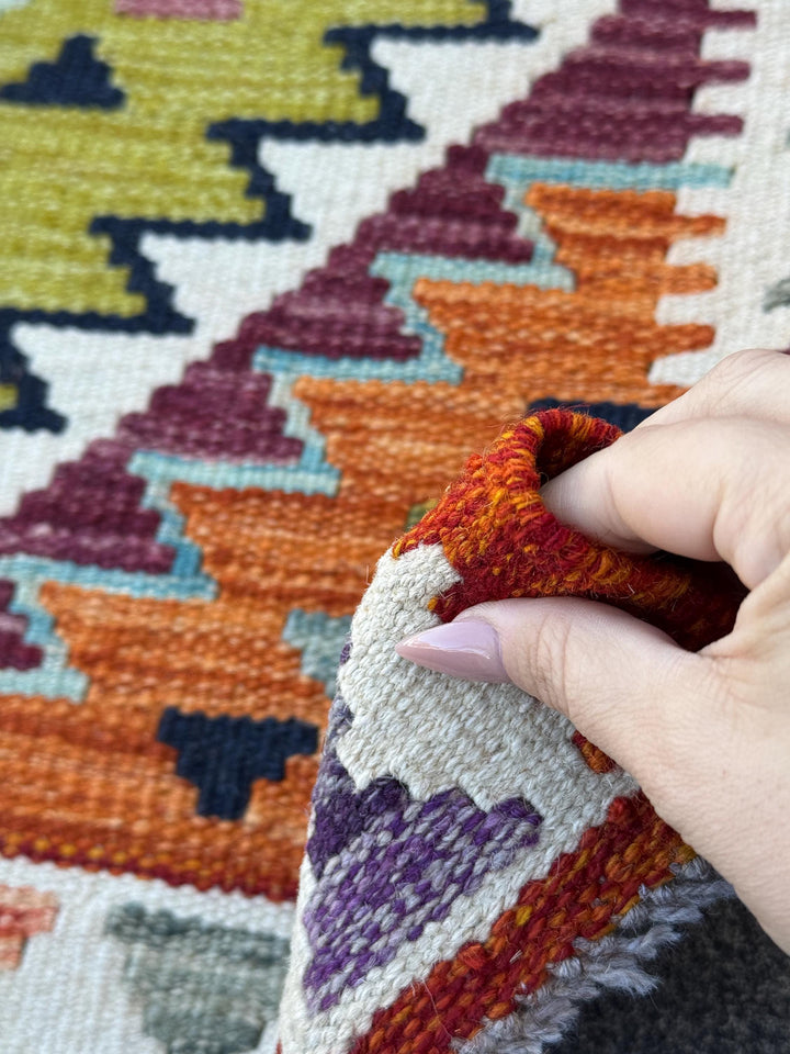 3x5 (91x152) Handmade Afghan Kilim Rug | Cream White Maroon Blood Red Aqua Teal Olive Green Black Charcoal Grey Mustard Yellow | Wool