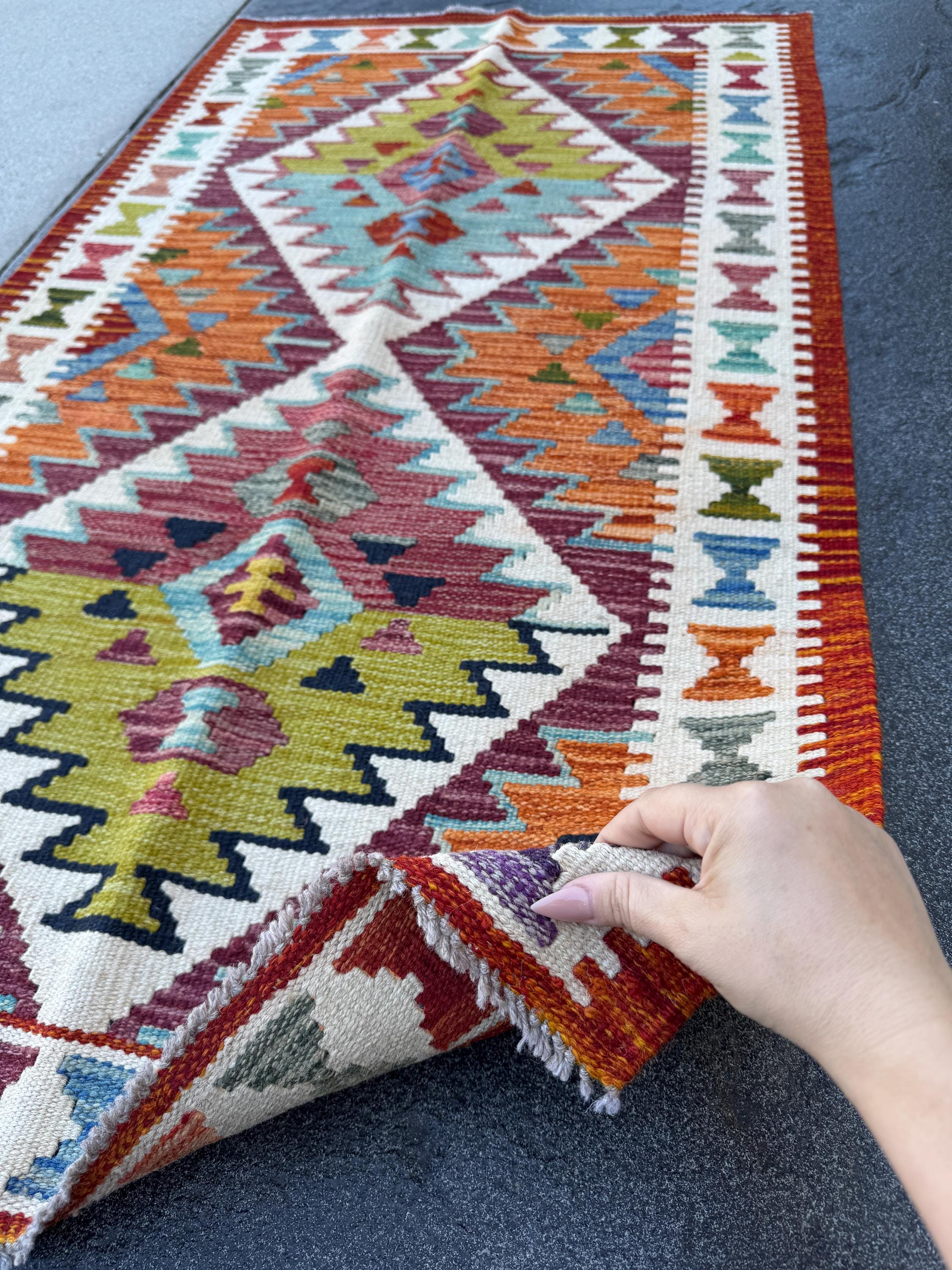 3x5 (91x152) Handmade Afghan Kilim Rug | Cream White Maroon Blood Red Aqua Teal Olive Green Black Charcoal Grey Mustard Yellow | Wool