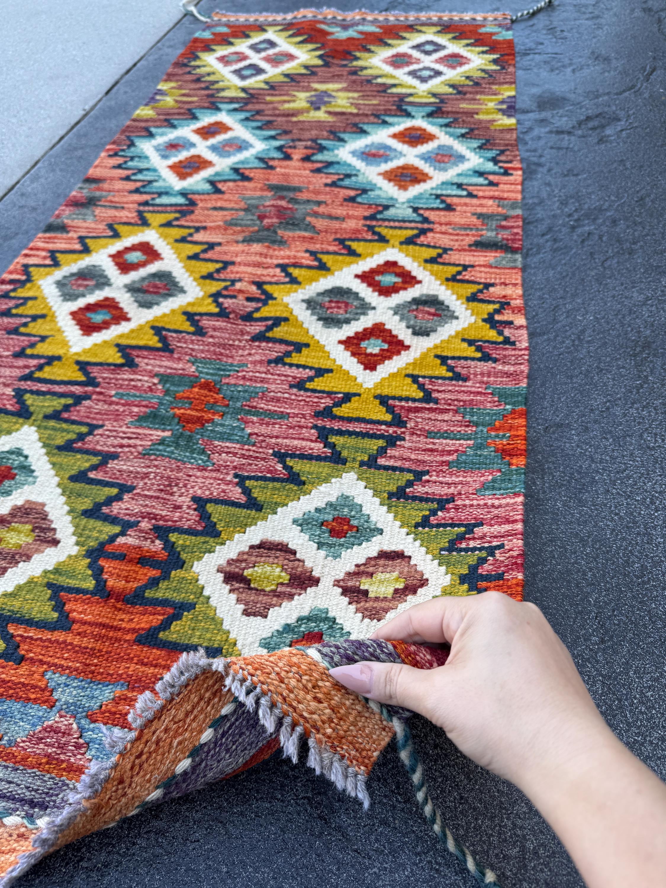 2x5 Handmade Afghan Kilim Runner Rug | Blood Rust Red Cream White Charcoal Grey Mustard Gold Yellow Denim Blue Olive Green Aqua Teal