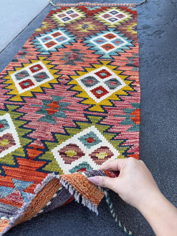 2x5 Handmade Afghan Kilim Runner Rug | Blood Rust Red Cream White Charcoal Grey Mustard Gold Yellow Denim Blue Olive Green Aqua Teal