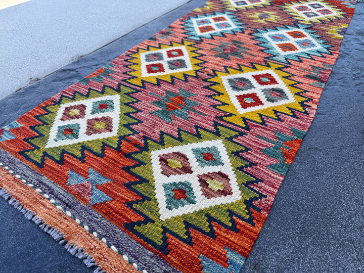 2x5 Handmade Afghan Kilim Runner Rug | Blood Rust Red Cream White Charcoal Grey Mustard Gold Yellow Denim Blue Olive Green Aqua Teal