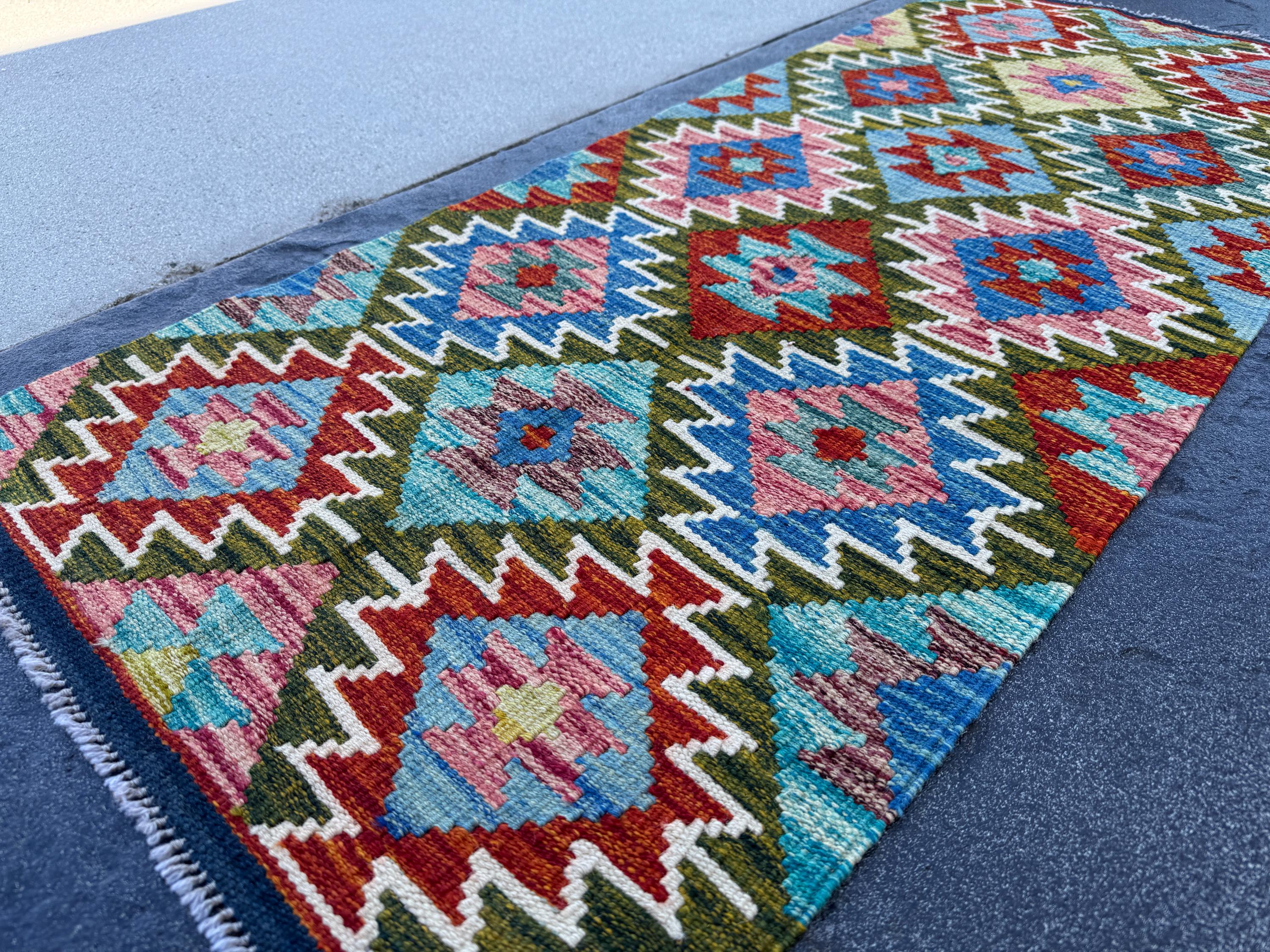 2x5 Handmade Afghan Kilim Runner Rug | Olive Green Navy Denim Blue Rust Red Cream White Mustard Yellow Maroon Teal Aqua | Wool Flatwoven