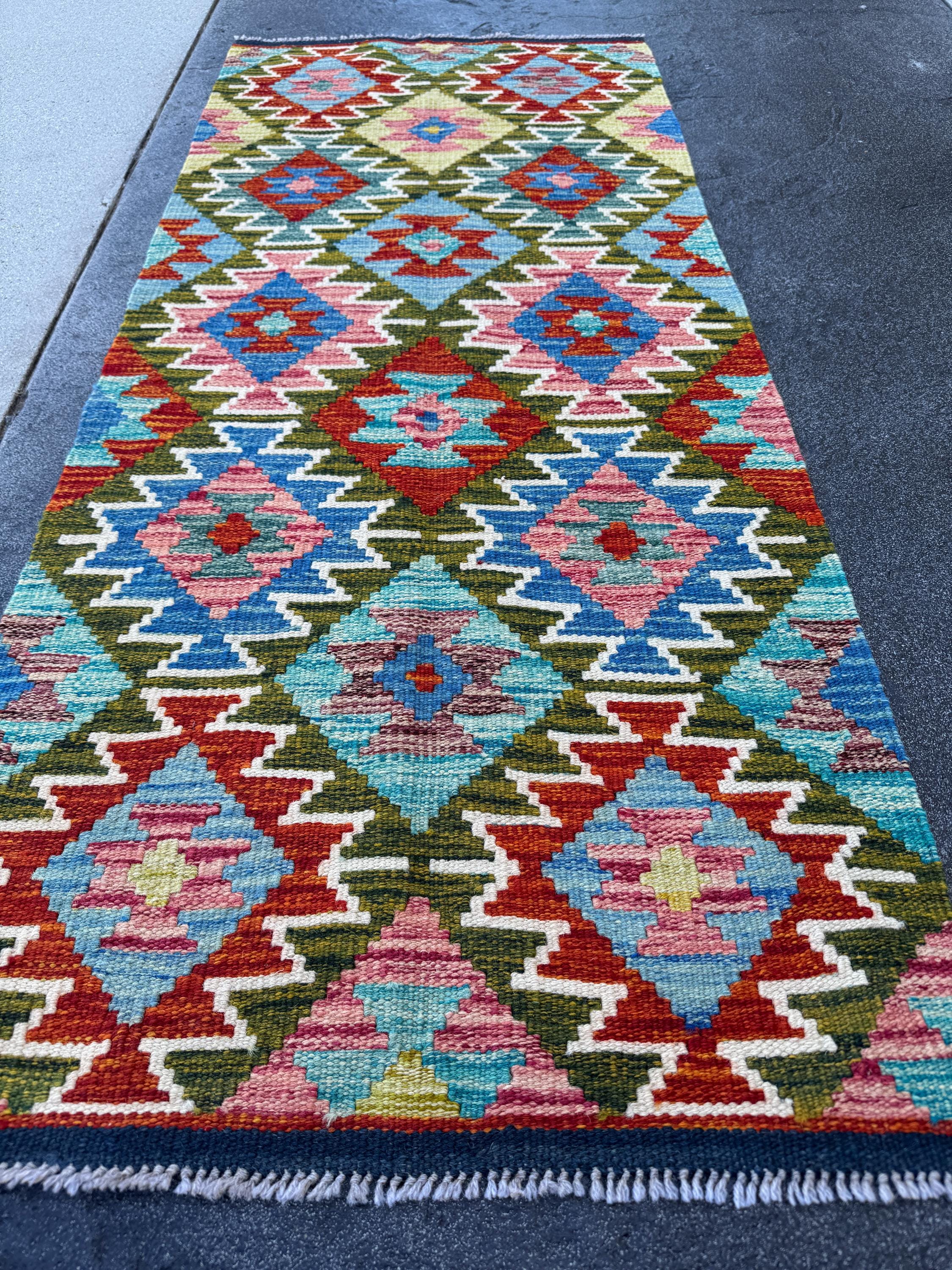2x5 Handmade Afghan Kilim Runner Rug | Olive Green Navy Denim Blue Rust Red Cream White Mustard Yellow Maroon Teal Aqua | Wool Flatwoven