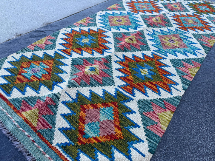 2x5 Handmade Afghan Kilim Runner Rug | Cream White Olive Forest Lime Green Teal Burnt Rust Orange Navy Blue Aqua Teal Red | Wool Flatwoven