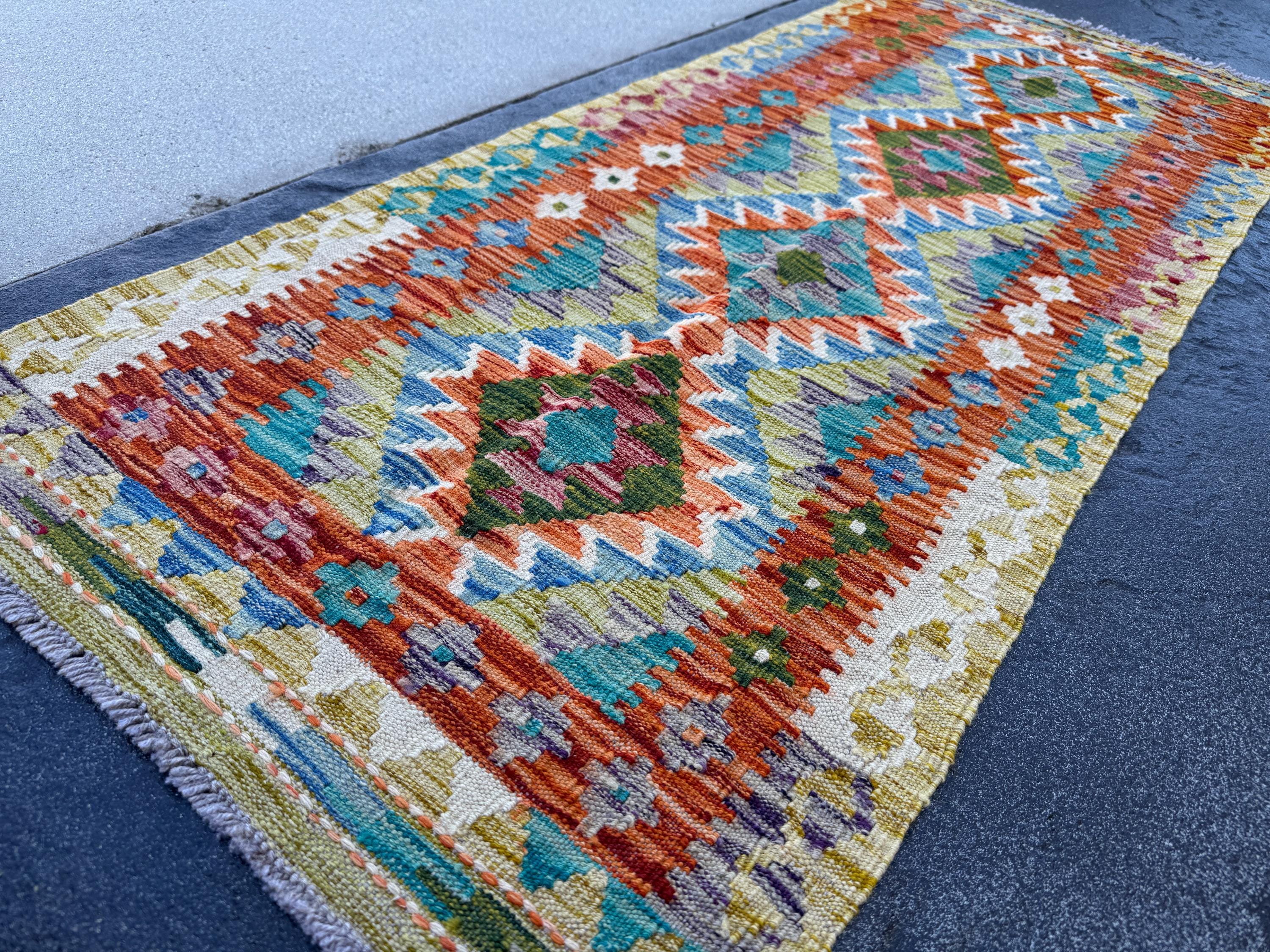 2x5 Handmade Afghan Kilim Runner Rug | Burnt Orange Denim Navy Blue Olive Forest Green Cream White Grey Maroon Teal Aqua Turquiose| Wool