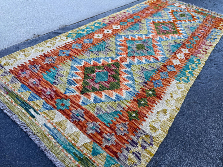 2x5 Handmade Afghan Kilim Runner Rug | Burnt Orange Denim Navy Blue Olive Forest Green Cream White Grey Maroon Teal Aqua Turquiose| Wool