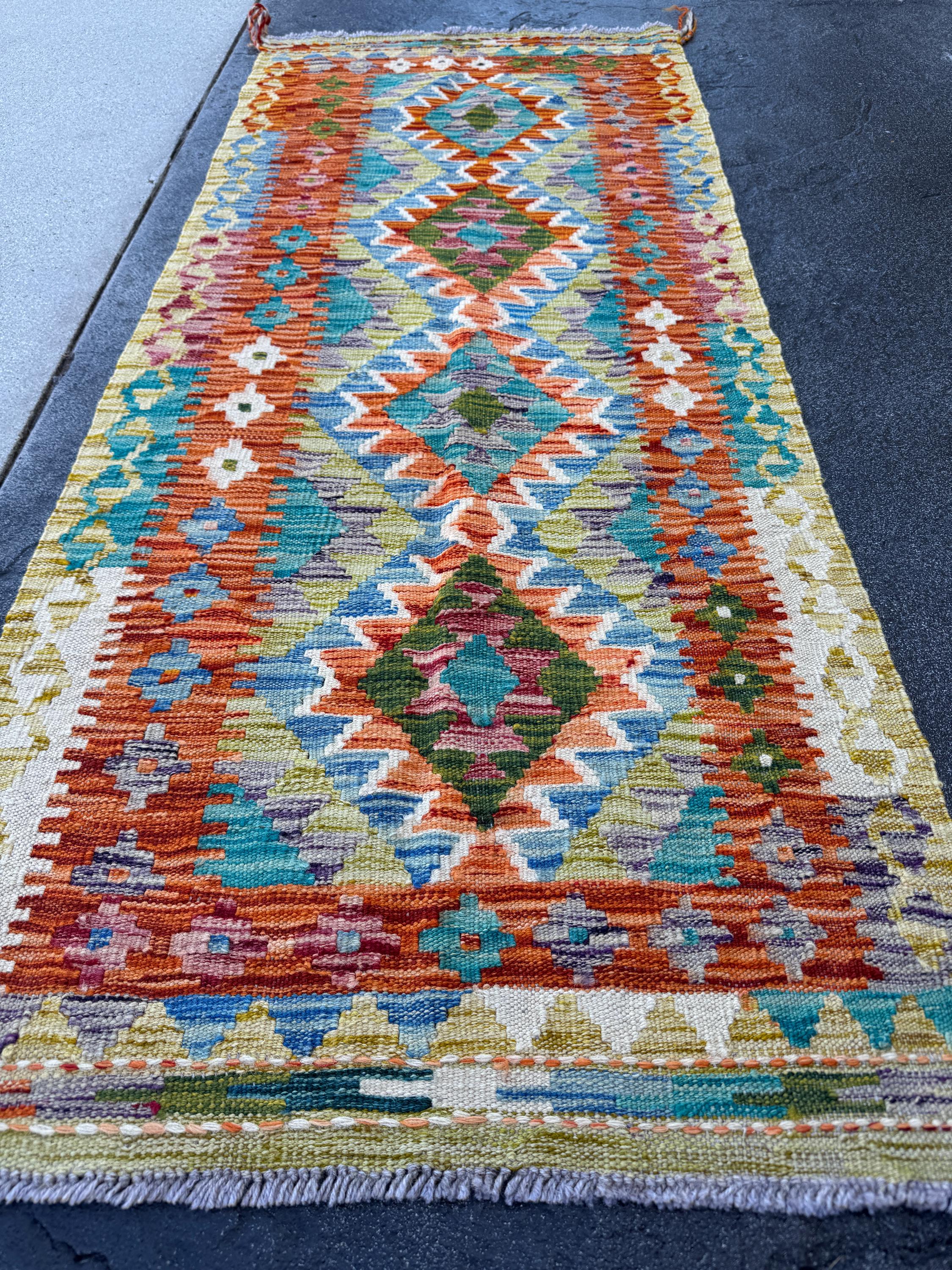2x5 Handmade Afghan Kilim Runner Rug | Burnt Orange Denim Navy Blue Olive Forest Green Cream White Grey Maroon Teal Aqua Turquiose| Wool