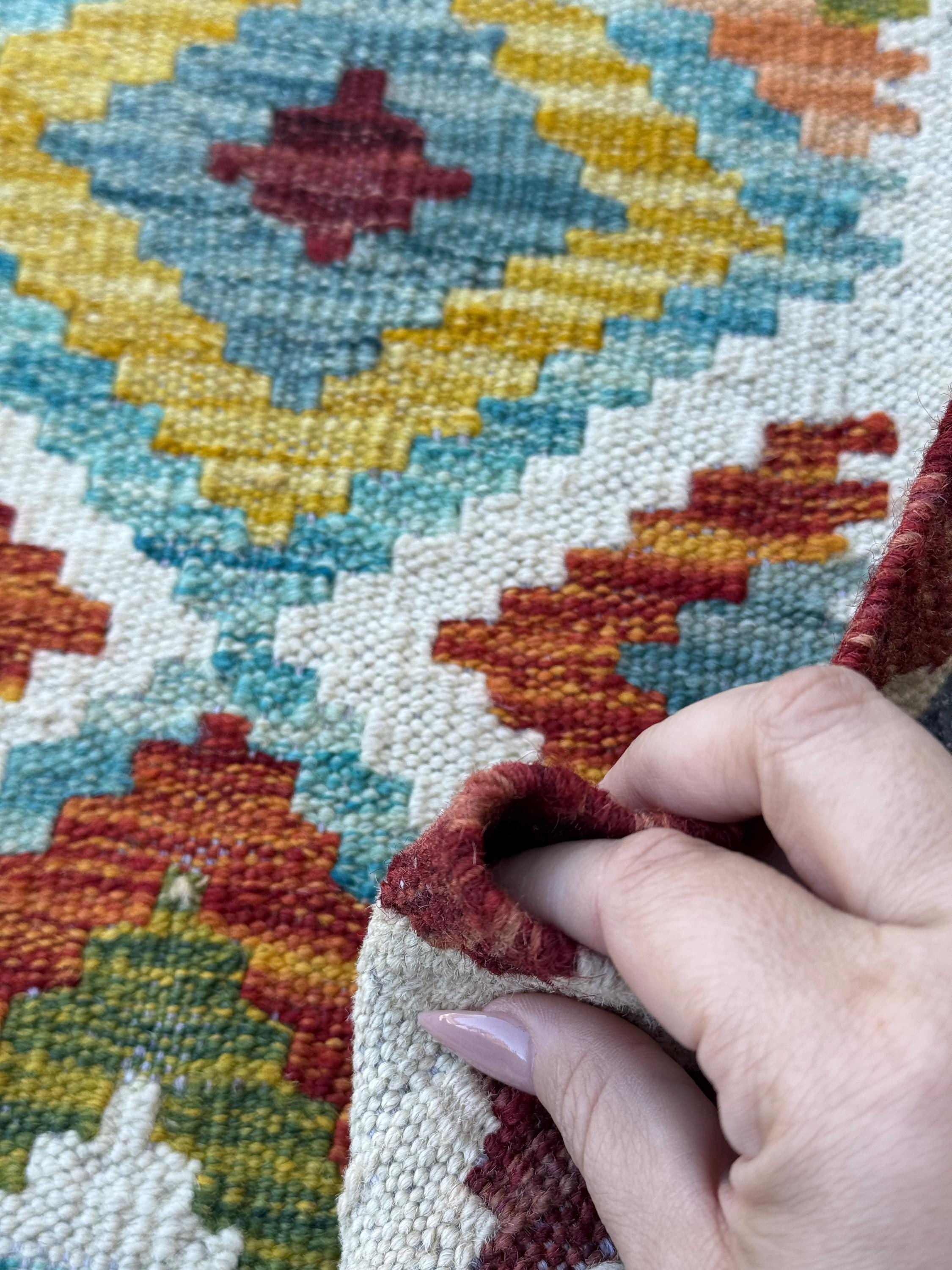 2x5 Handmade Afghan Kilim Runner Rug | Cream White Maroon Blood Red Aqua Teal Burnt Orange Olive Green Grey | Wool Flatwoven