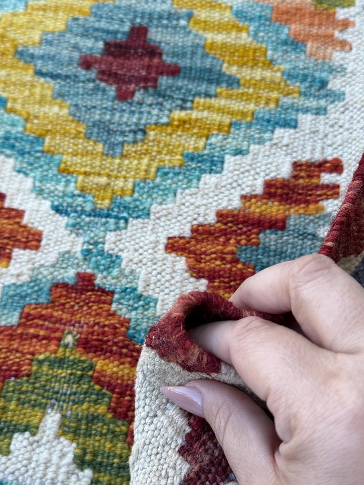 2x5 Handmade Afghan Kilim Runner Rug | Cream White Maroon Blood Red Aqua Teal Burnt Orange Olive Green Grey | Wool Flatwoven