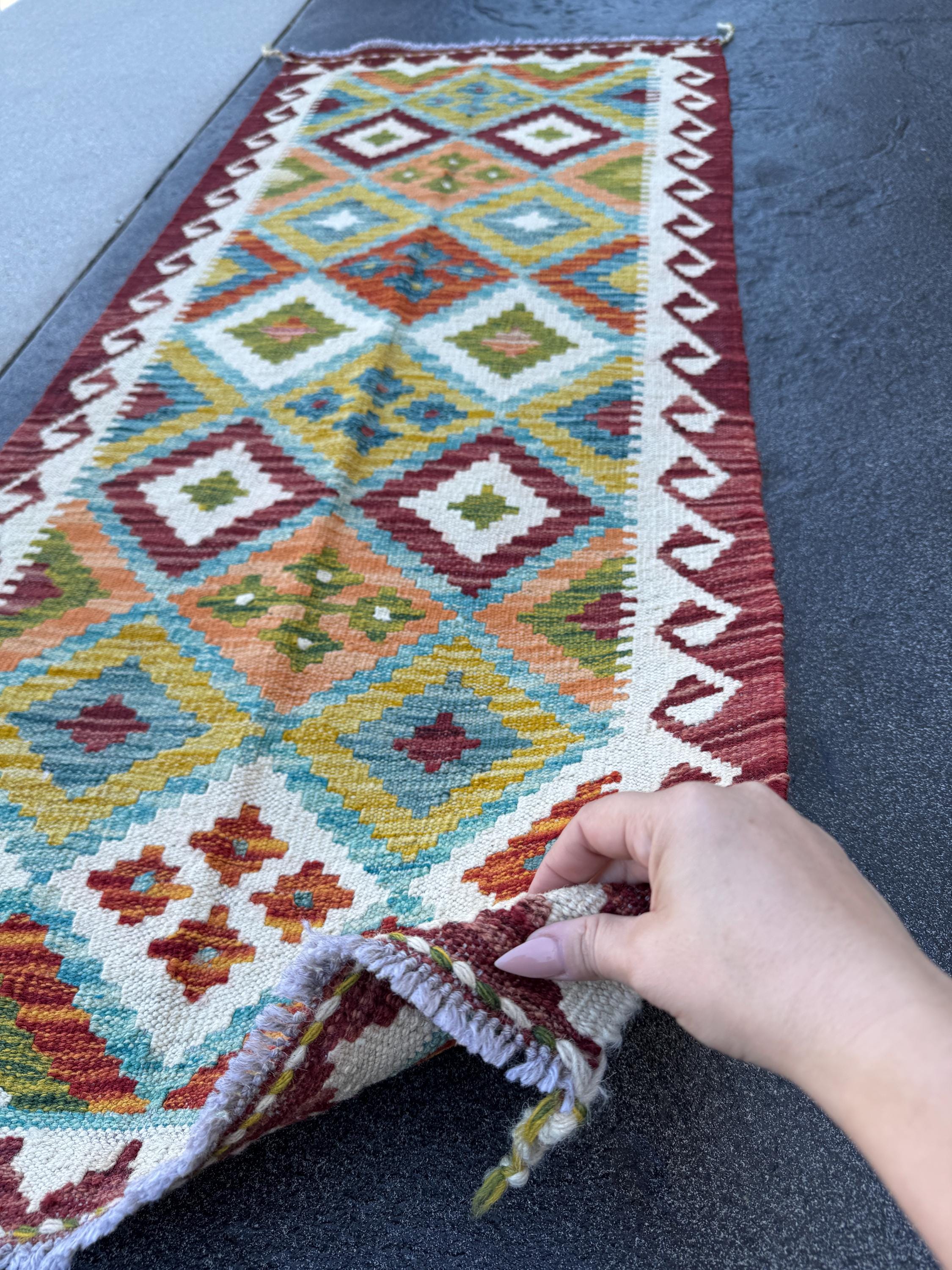 2x5 Handmade Afghan Kilim Runner Rug | Cream White Maroon Blood Red Aqua Teal Burnt Orange Olive Green Grey | Wool Flatwoven