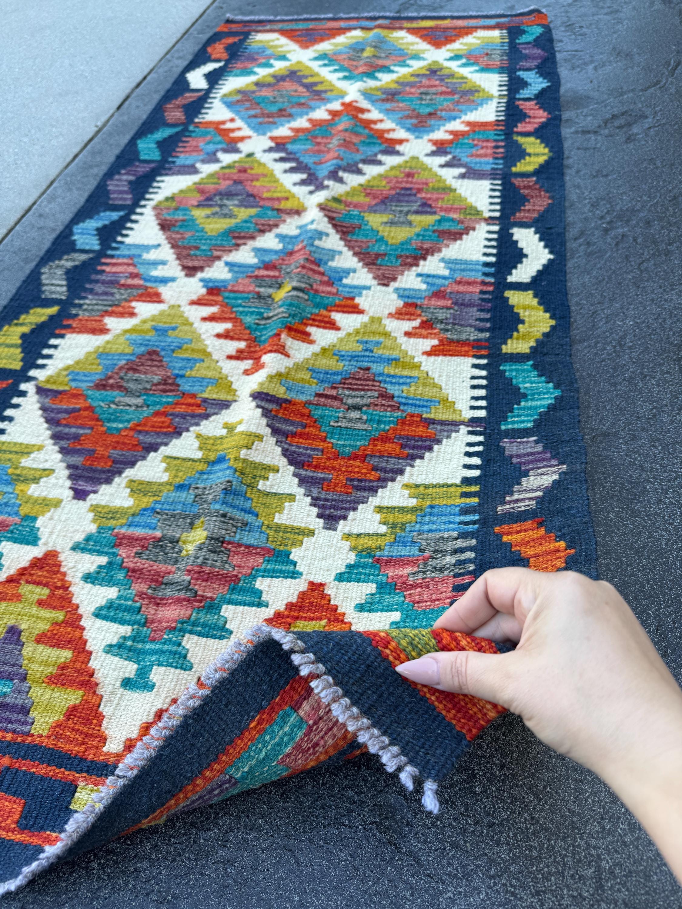 2x5 Handmade Afghan Kilim Runner Rug | Cream White Midnight Blue Olive Green Aqua Teal Charcoal Grey Denim Blue Rust Red Burnt Orange | Wool