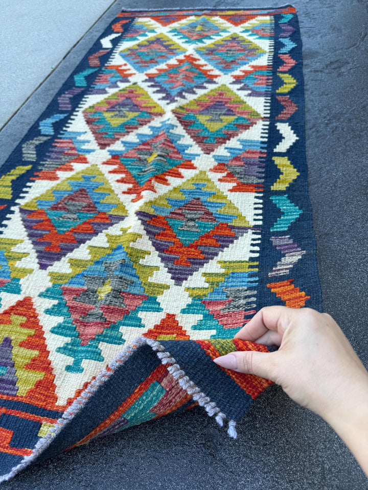 2x5 Handmade Afghan Kilim Runner Rug | Cream White Midnight Blue Olive Green Aqua Teal Charcoal Grey Denim Blue Rust Red Burnt Orange | Wool