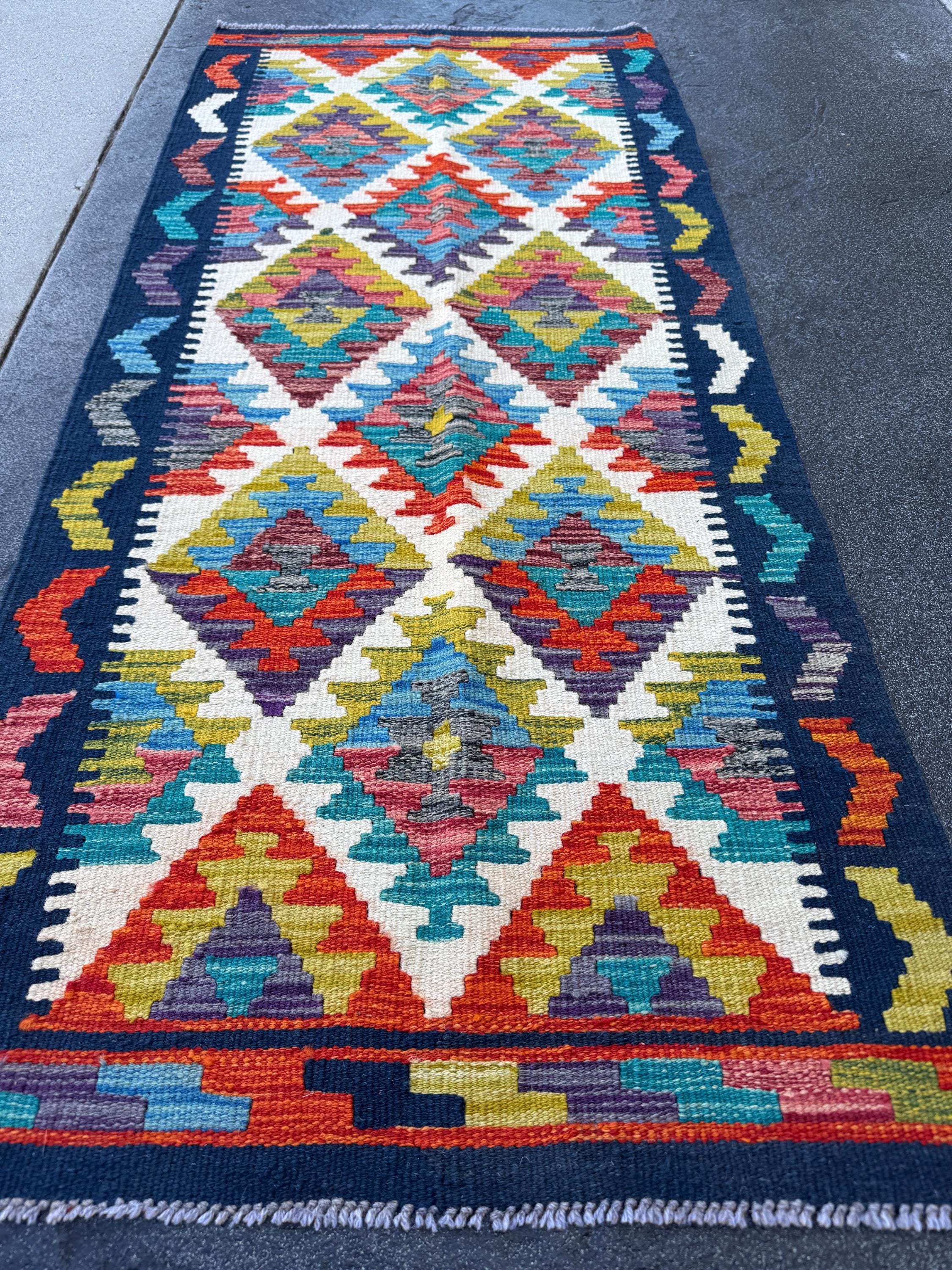 2x5 Handmade Afghan Kilim Runner Rug | Cream White Midnight Blue Olive Green Aqua Teal Charcoal Grey Denim Blue Rust Red Burnt Orange | Wool