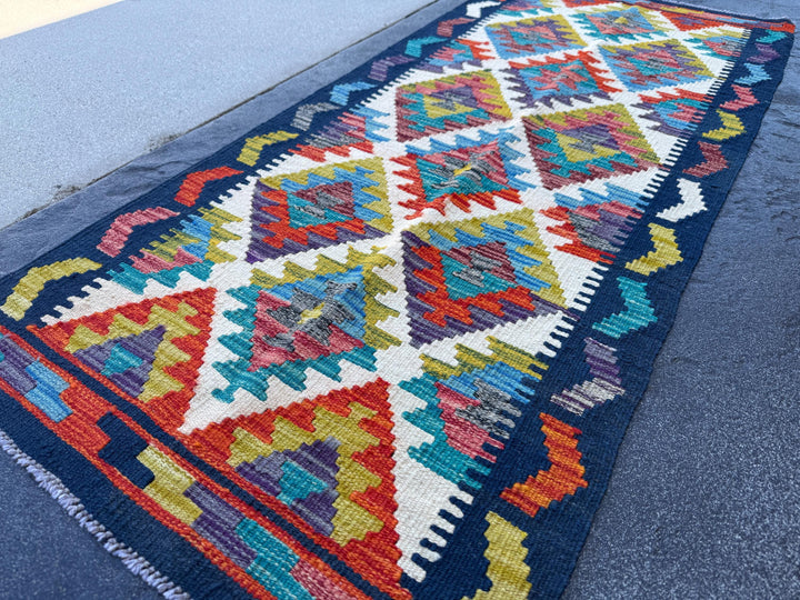 2x5 Handmade Afghan Kilim Runner Rug | Cream White Midnight Blue Olive Green Aqua Teal Charcoal Grey Denim Blue Rust Red Burnt Orange | Wool