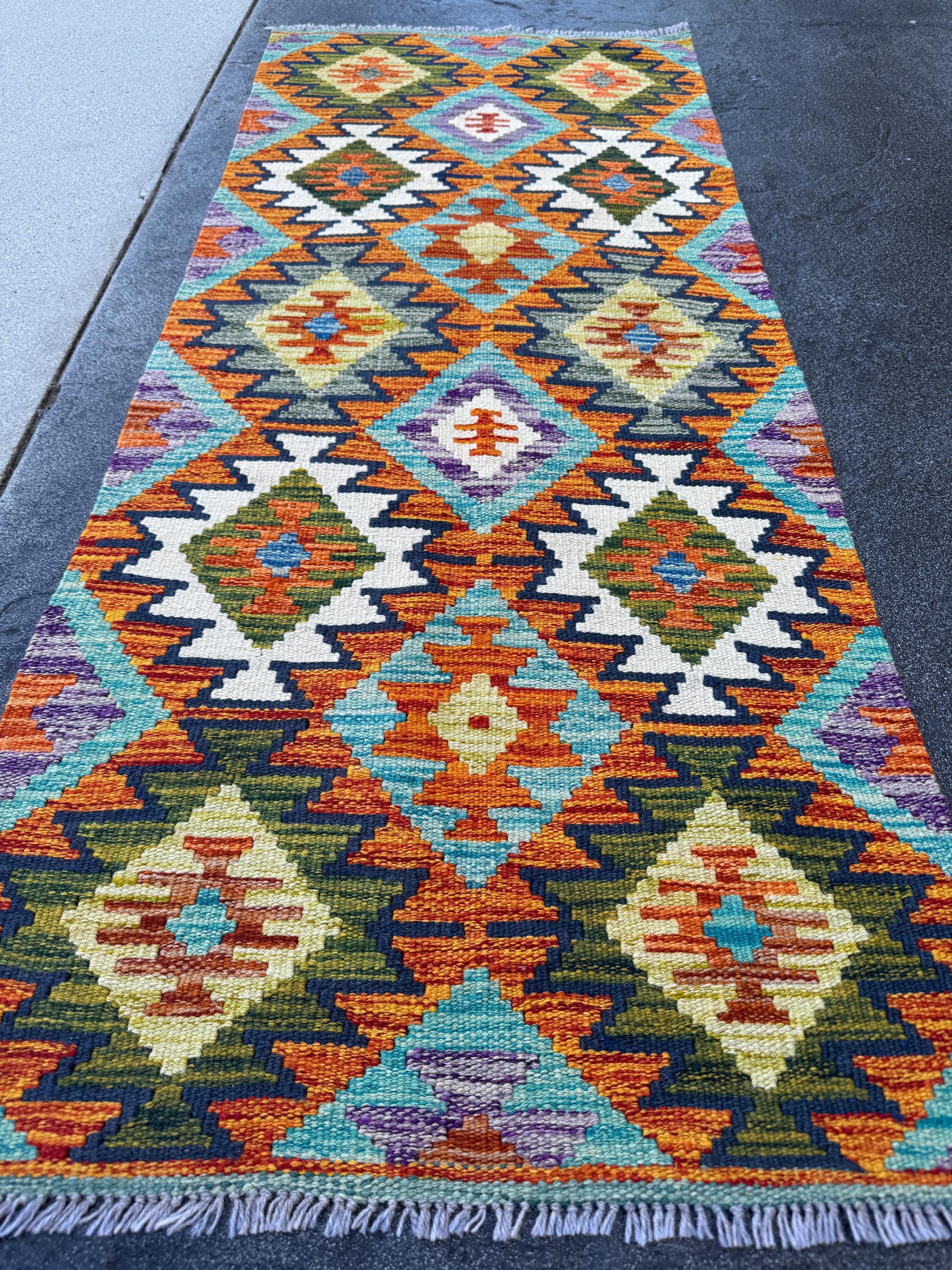 2x5 Handmade Afghan Kilim Runner Rug | Burnt Orange Aqua Teal Olive Green Black Cream White Purple Charcoal Grey Denim Blue Mustard | Wool