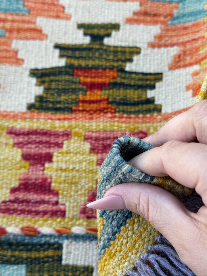 2x5 Handmade Afghan Kilim Runner Rug | Cream White Orange Olive Forest Green Teal Aqua Blood Red Purple Black | Wool Flatwoven