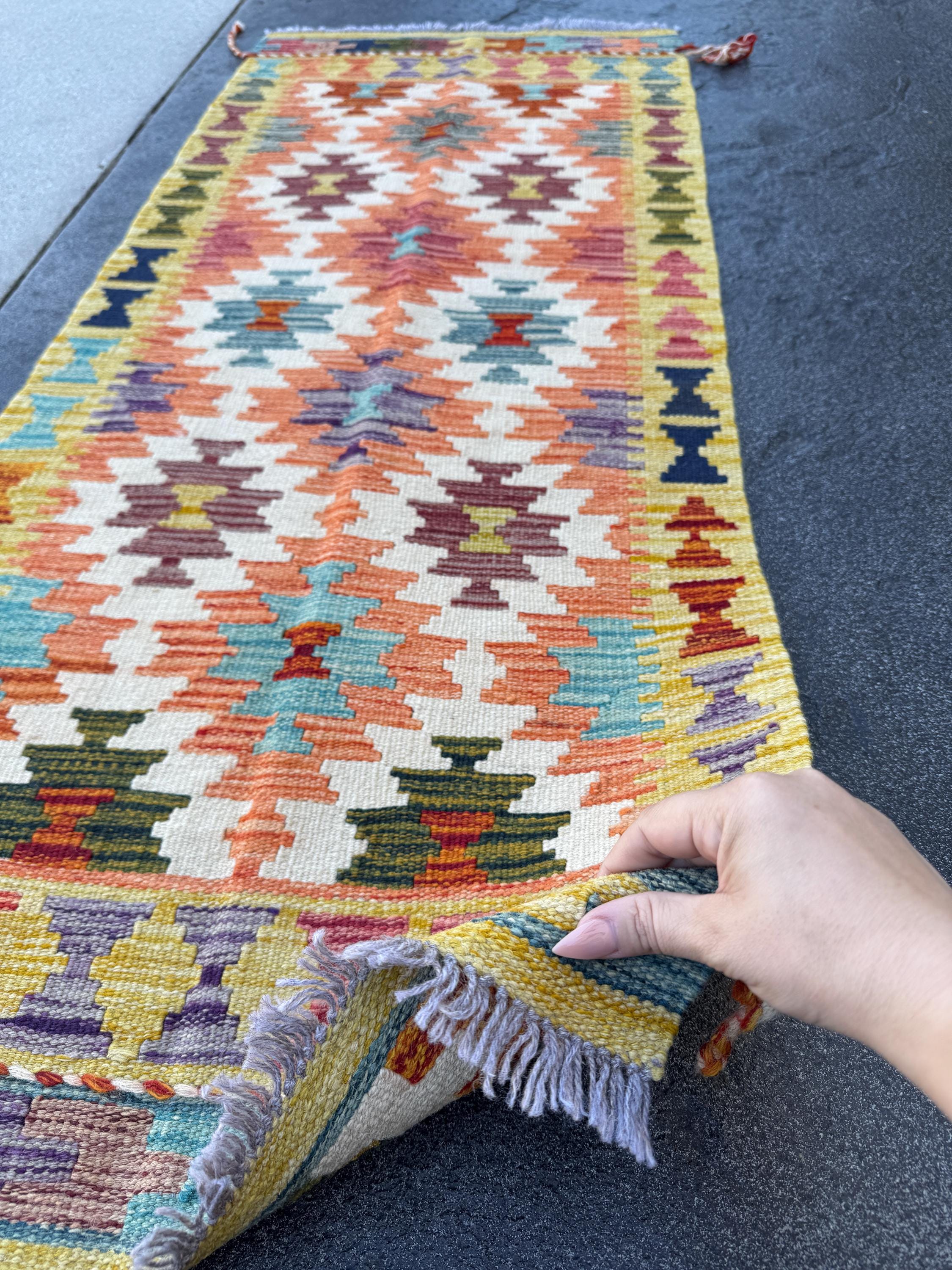 2x5 Handmade Afghan Kilim Runner Rug | Cream White Orange Olive Forest Green Teal Aqua Blood Red Purple Black | Wool Flatwoven