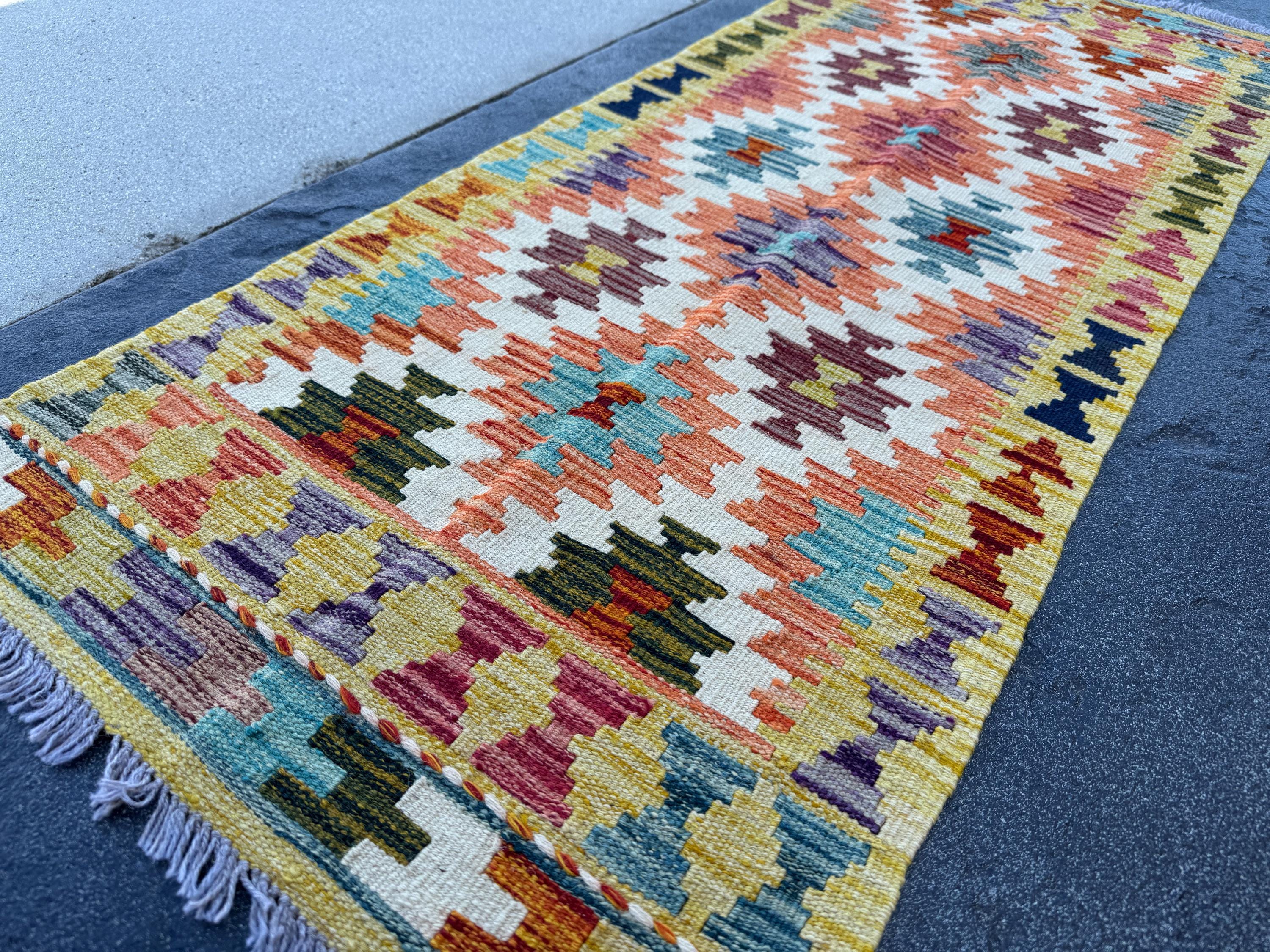 2x5 Handmade Afghan Kilim Runner Rug | Cream White Orange Olive Forest Green Teal Aqua Blood Red Purple Black | Wool Flatwoven