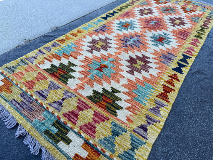 2x5 Handmade Afghan Kilim Runner Rug | Cream White Orange Olive Forest Green Teal Aqua Blood Red Purple Black | Wool Flatwoven