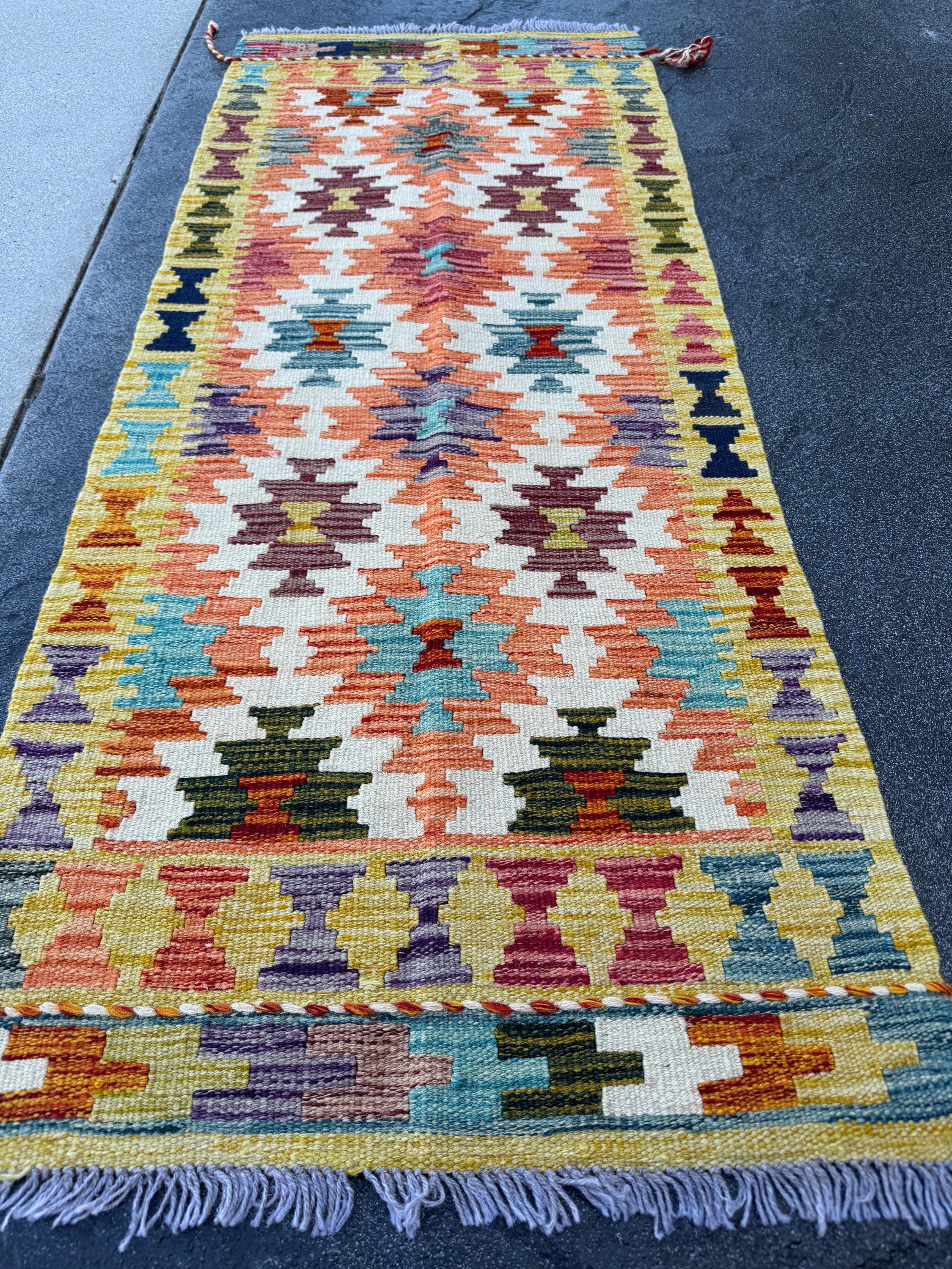 2x5 Handmade Afghan Kilim Runner Rug | Cream White Orange Olive Forest Green Teal Aqua Blood Red Purple Black | Wool Flatwoven