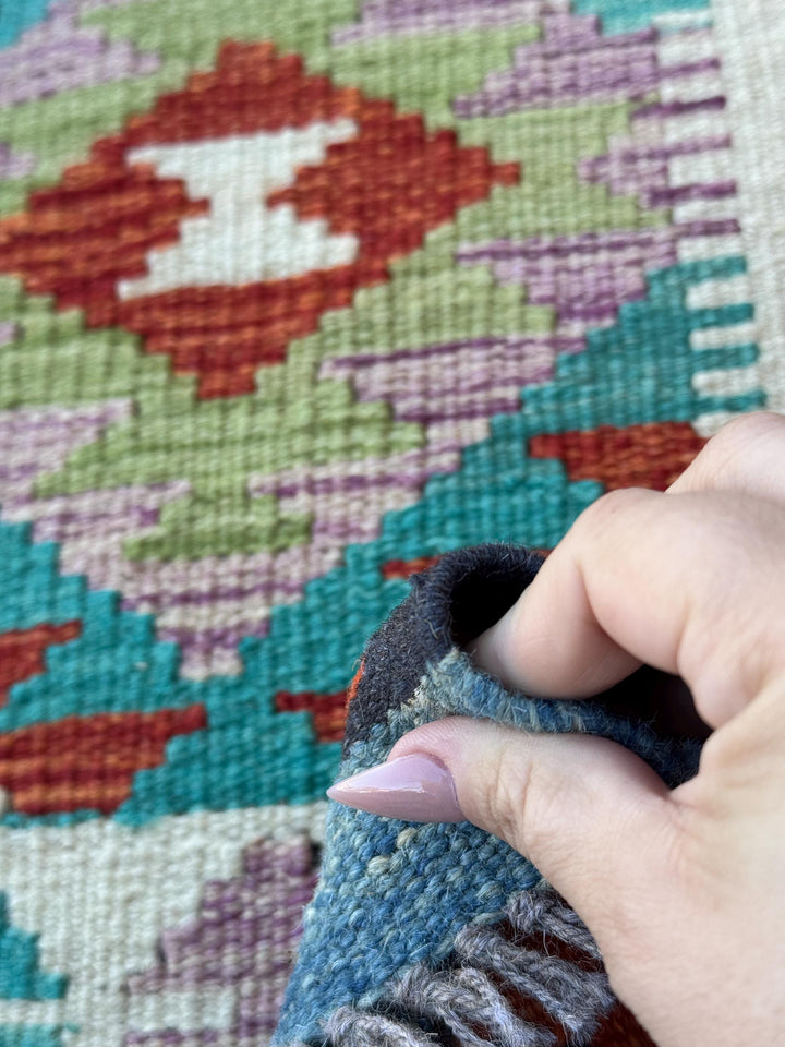3x7 (100x200) Handmade Afghan Kilim Runner Rug | Cream Orange Brick Blood Red Lilac Purple Brown Teal Olive Green Grey Yellow | Wool Turkish
