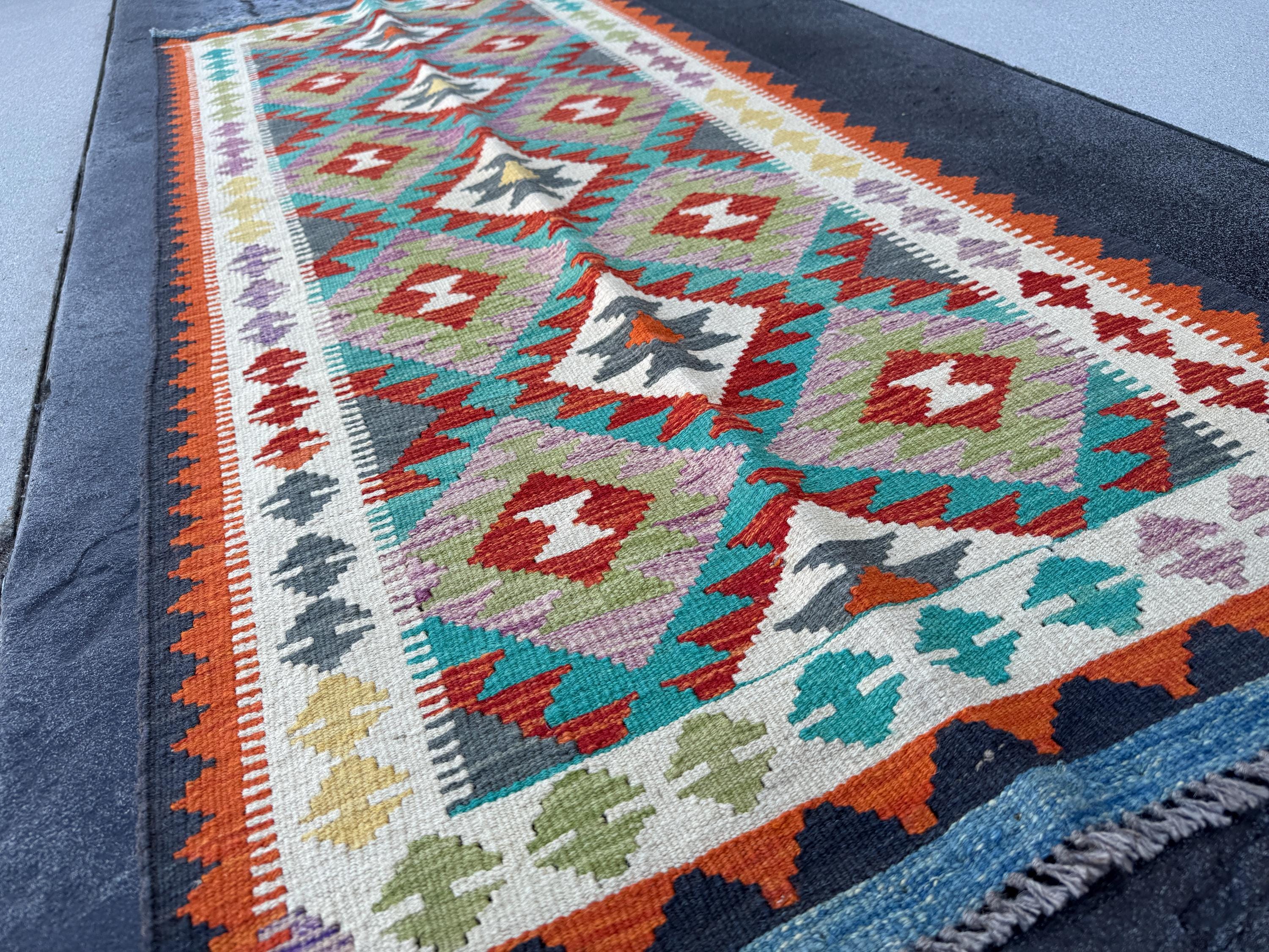 3x7 (100x200) Handmade Afghan Kilim Runner Rug | Cream Orange Brick Blood Red Lilac Purple Brown Teal Olive Green Grey Yellow | Wool Turkish