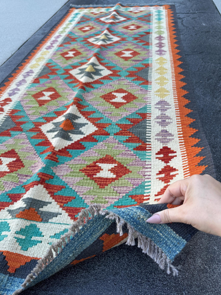 3x7 (100x200) Handmade Afghan Kilim Runner Rug | Cream Orange Brick Blood Red Lilac Purple Brown Teal Olive Green Grey Yellow | Wool Turkish
