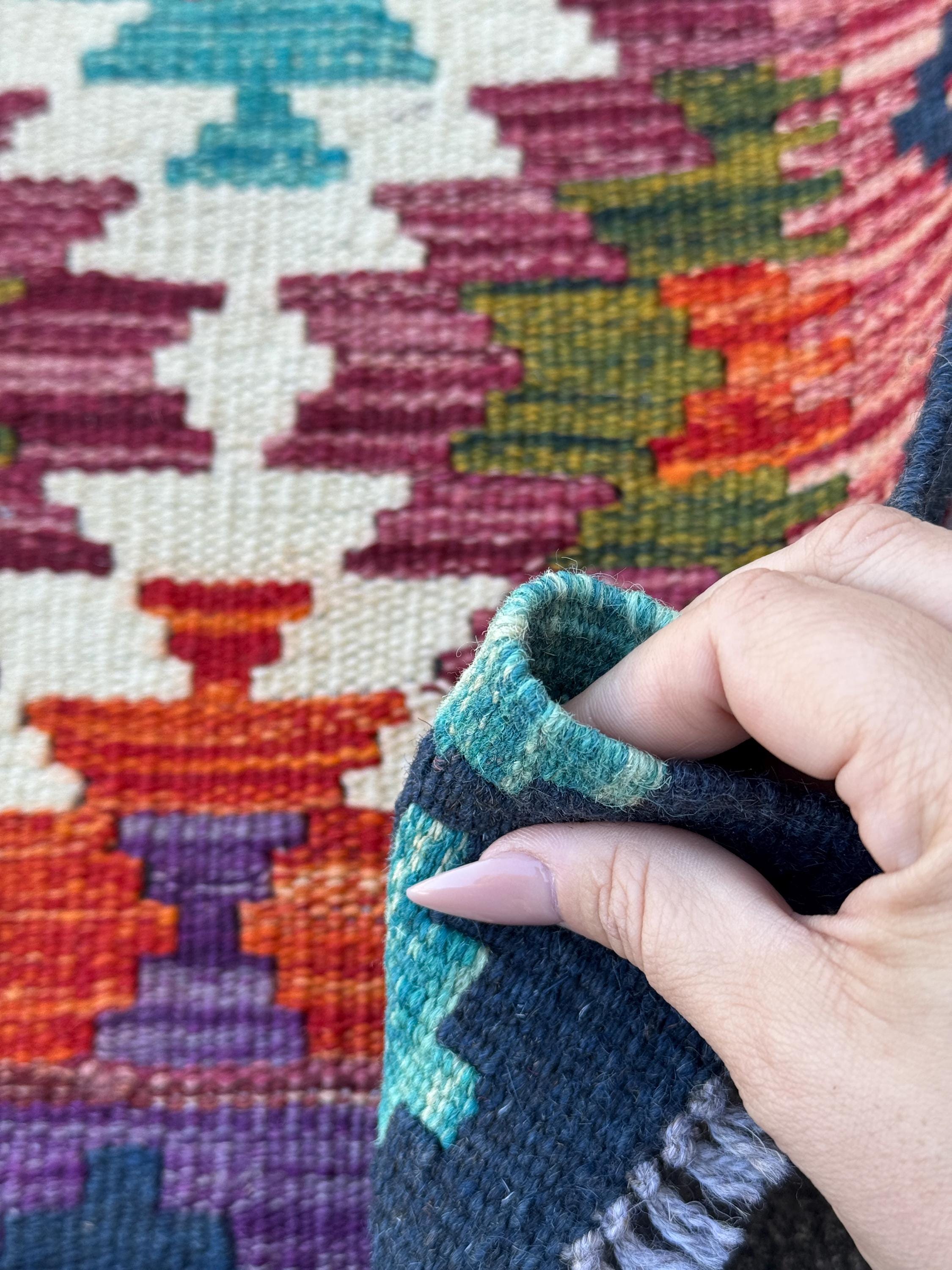 2x5 Handmade Afghan Kilim Runner Rug | Maroon Cream White Eggplant Purple Aqua Teal Lime Olive Green Blood Red Midnight Blue | Flatwoven