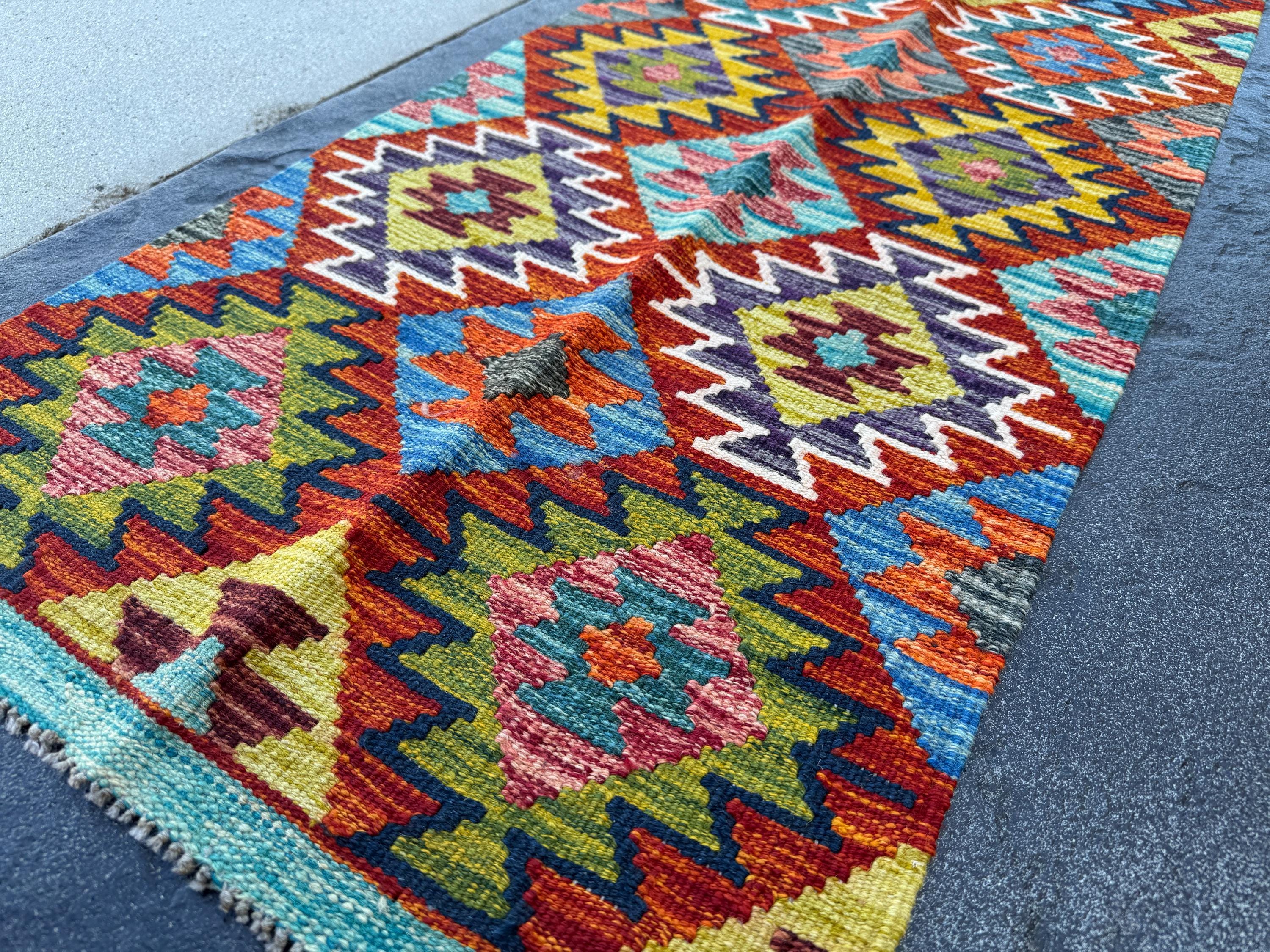 2x5 Handmade Afghan Kilim Runner Rug | Rust Orange Eggplant Purple Denim Blue Olive Lime Green Black Cream White Mustard Yellow Maroon Grey