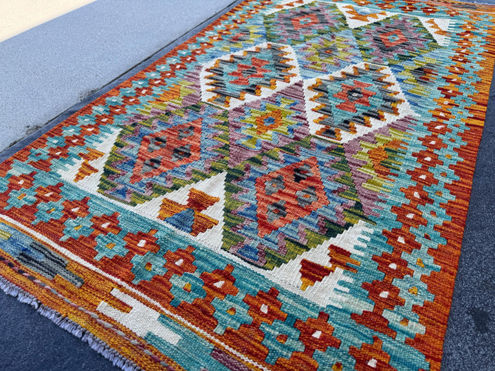 3x5 (91x152) Handmade Afghan Kilim Rug | Teal Rust Orange Denim Blue Olive Forest Green Cream White Purple Charcoal Grey | Wool Flatwoven