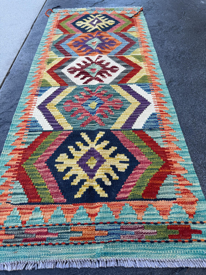 2x5 Handmade Afghan Kilim Runner Rug | Teal Eggplant Purple Midnight Blue Olive Forest Green Orange Cream White Blood Red Mustard Yellow