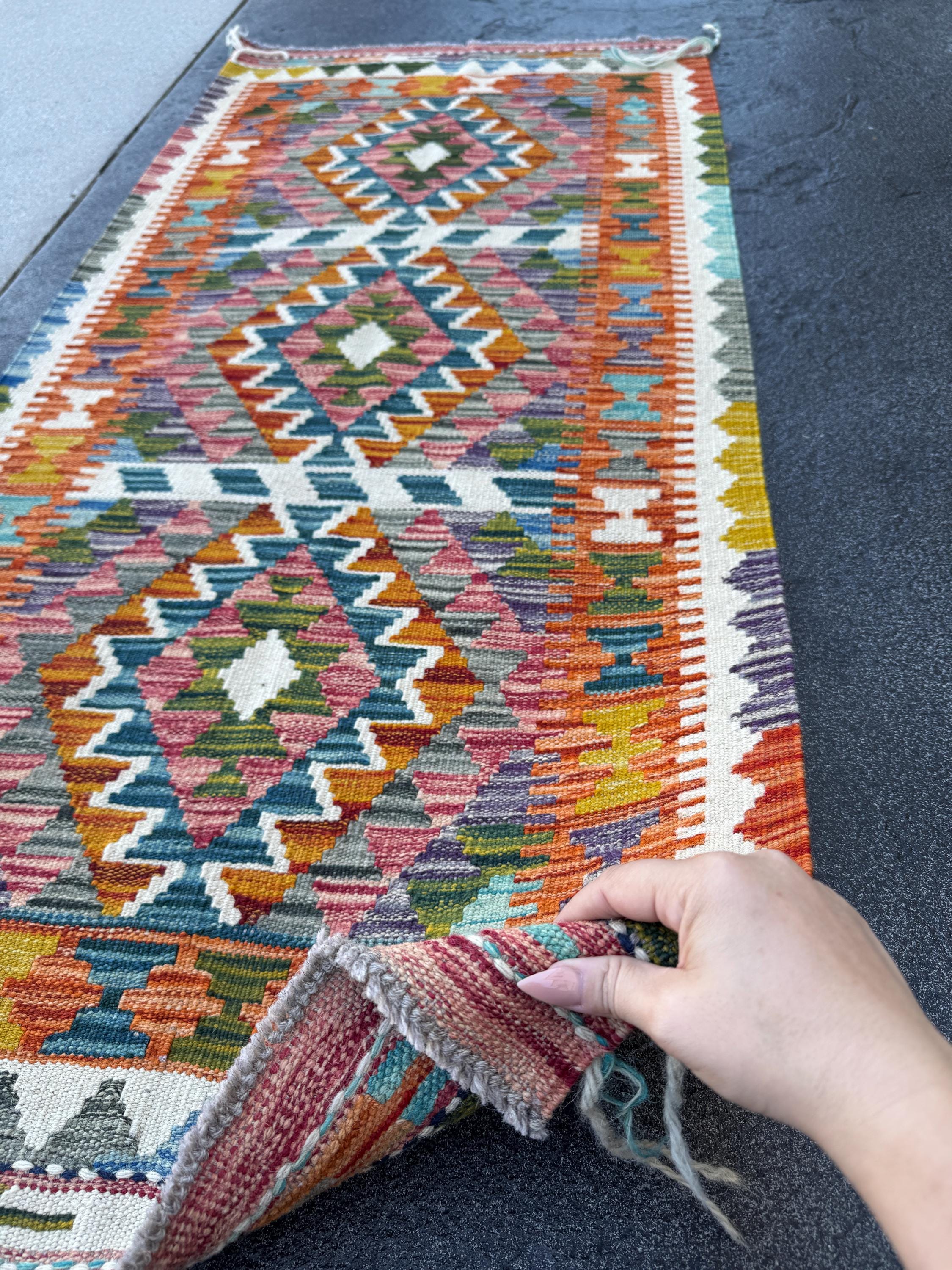 2x5 Handmade Afghan Kilim Runner Rug | Burnt Orange Cream White Charcoal Grey Aqua Teal Red Mustard Gold Purple Olive Forest Green Blue