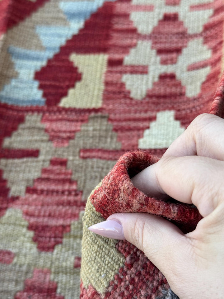 2x7 Handmade Afghan Kilim Runner Rug | Blood Brick Red Ivory Moss Olive Green Denim Blue Grey | Wool Turkish