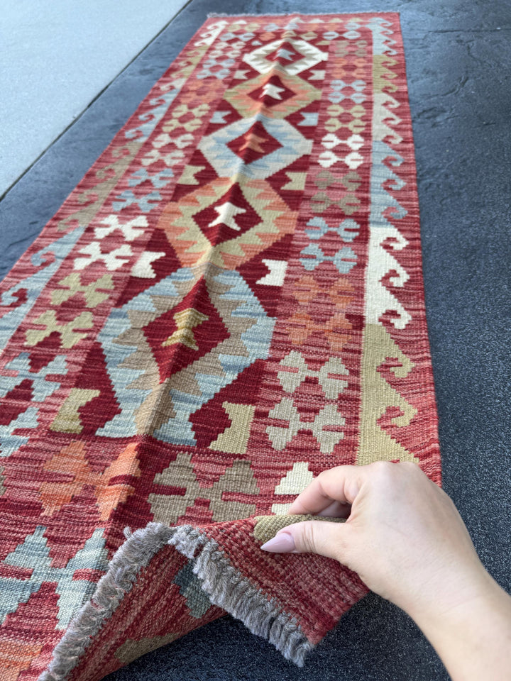 2x7 Handmade Afghan Kilim Runner Rug | Blood Brick Red Ivory Moss Olive Green Denim Blue Grey | Wool Turkish