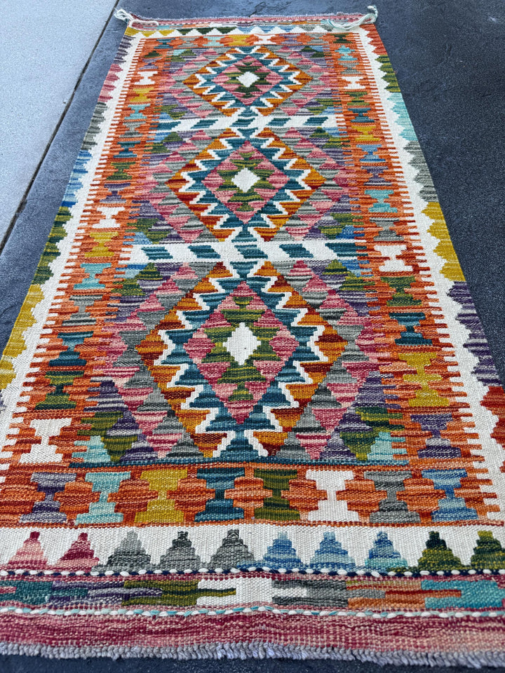 2x5 Handmade Afghan Kilim Runner Rug | Burnt Orange Cream White Charcoal Grey Aqua Teal Red Mustard Gold Purple Olive Forest Green Blue