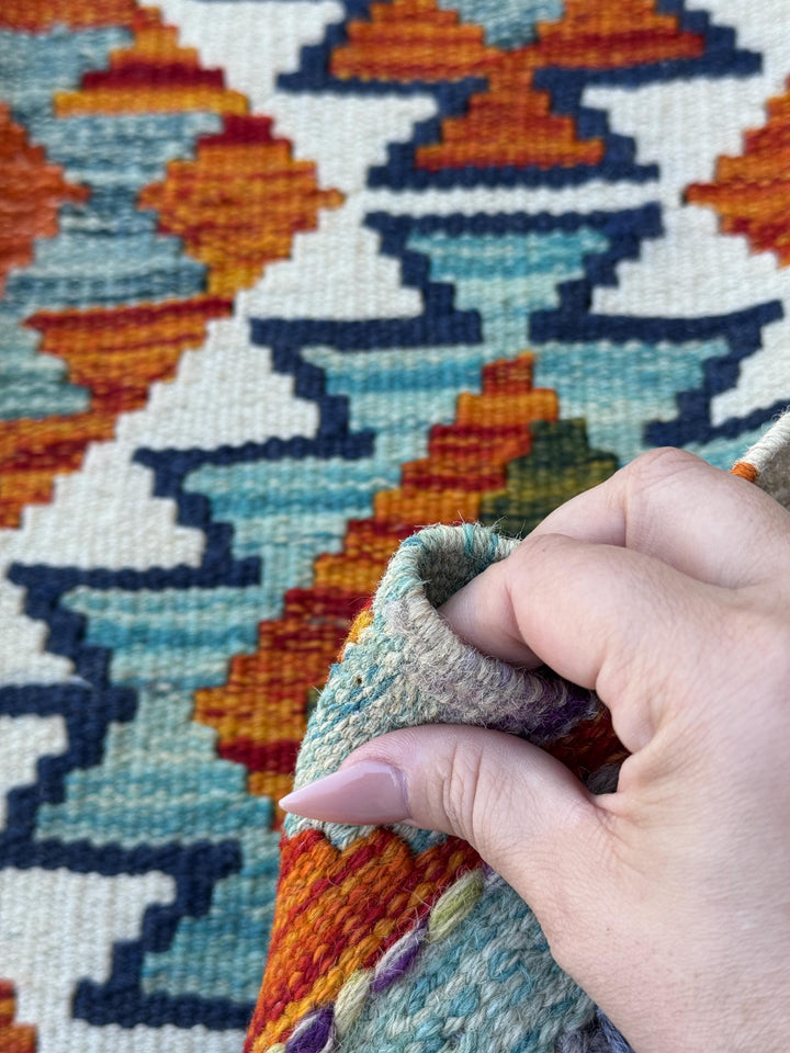 2x5 Handmade Afghan Kilim Runner Rug | Cream White Burnt Orange Black Aqua Teal Olive Moss Lime Green Purple Charcoal Grey | Wool Flatwoven