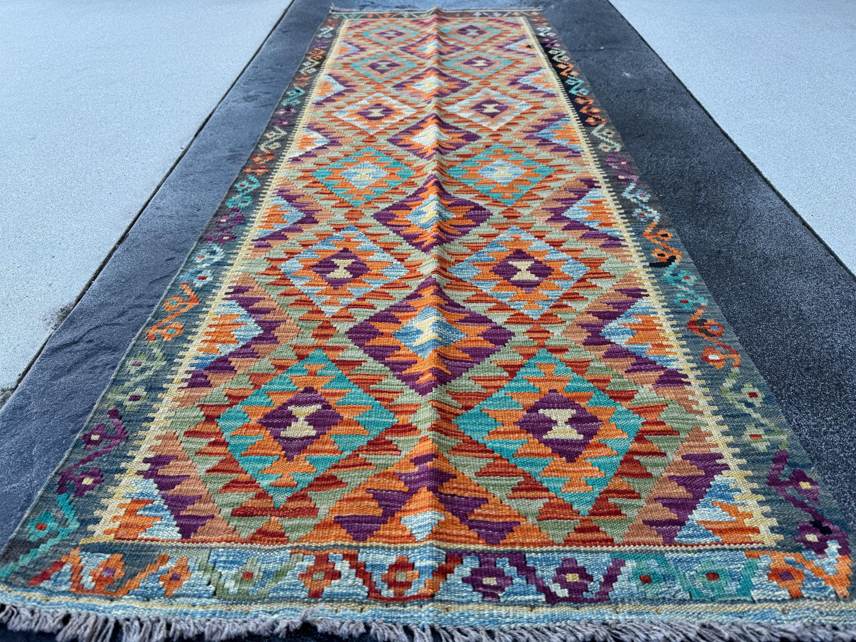 3x7 (100x200) Handmade Afghan Kilim Runner Rug | Burnt Orange Eggplant Purple Olive Moss Pine Green Denim Blue Teal Cream | Wool Turkish