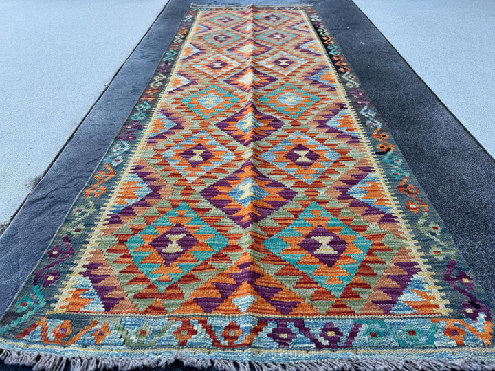 3x7 (100x200) Handmade Afghan Kilim Runner Rug | Burnt Orange Eggplant Purple Olive Moss Pine Green Denim Blue Teal Cream | Wool Turkish