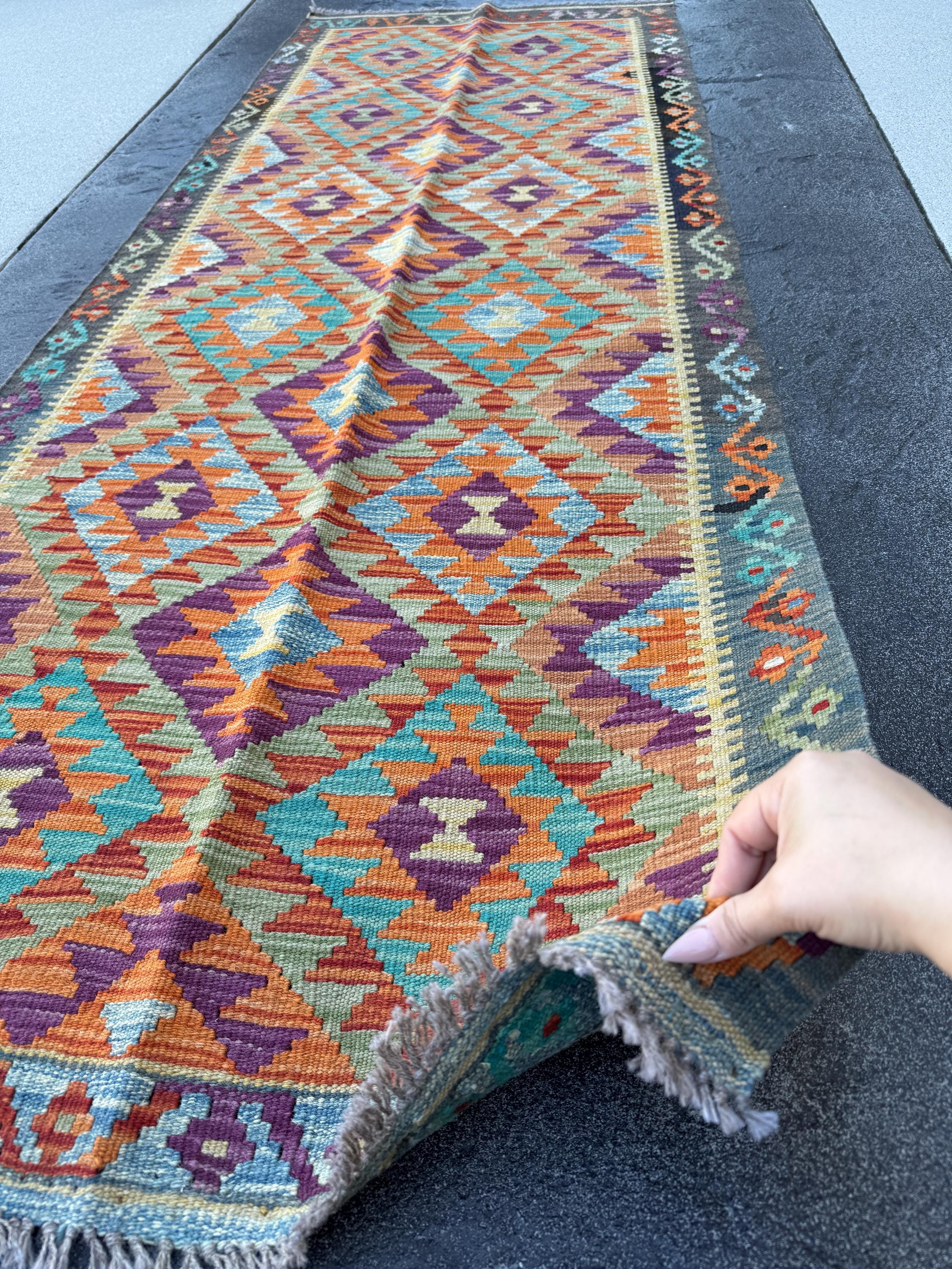 3x7 (100x200) Handmade Afghan Kilim Runner Rug | Burnt Orange Eggplant Purple Olive Moss Pine Green Denim Blue Teal Cream | Wool Turkish