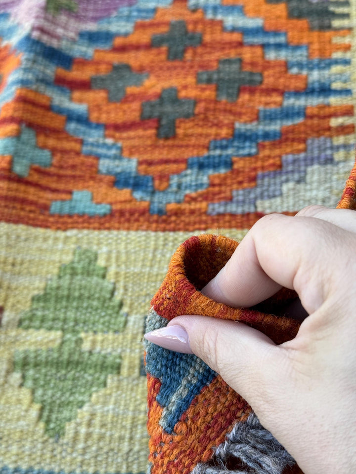 3x7 (100x200) Handmade Afghan Kilim Runner Rug | Burnt Orange Mint Olive Moss Green Denim Light Blue Purple Grey Ivory Teal | Wool Turkish
