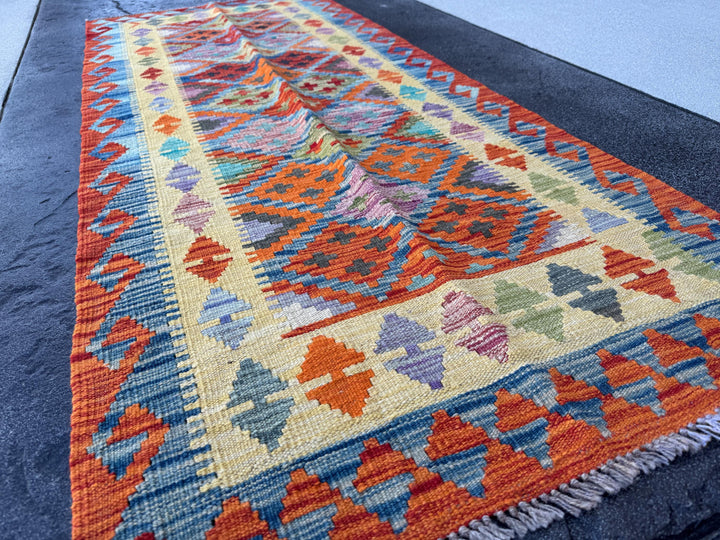 3x7 (100x200) Handmade Afghan Kilim Runner Rug | Burnt Orange Mint Olive Moss Green Denim Light Blue Purple Grey Ivory Teal | Wool Turkish